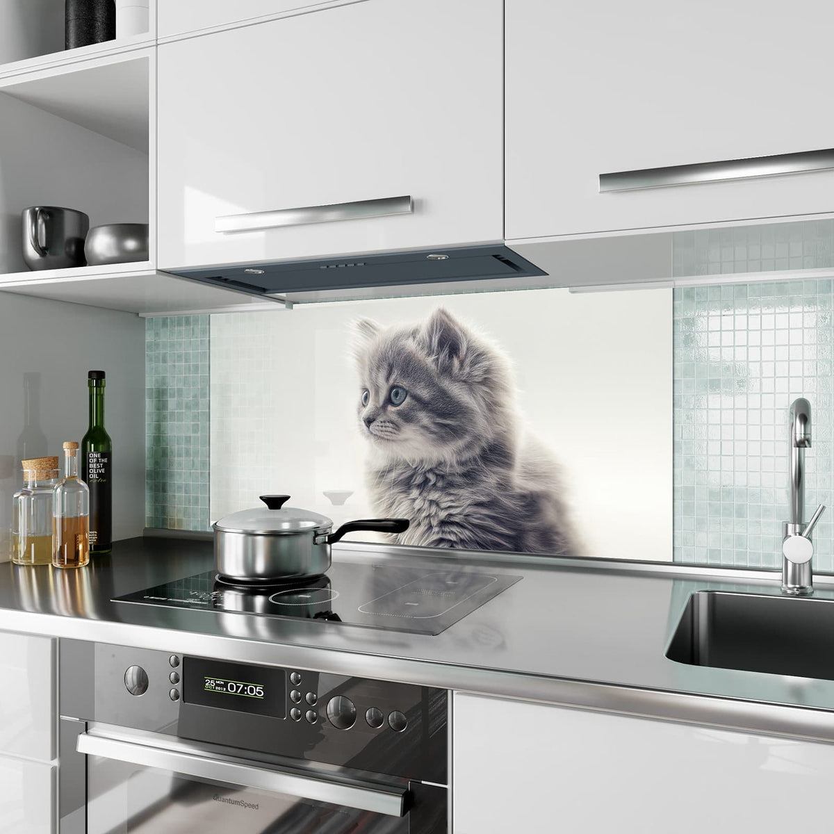Küchenrückwand aus Glas Graues Kätzchen im Hochformat als Spritzschutz hinter dem Kochfeld, über dem Fliesenspiegel montiert
