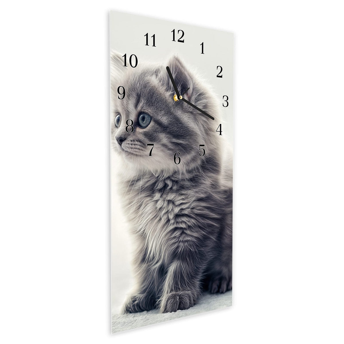 Vormontiert – mit Schwebeeffekt – Wanduhr Kitten Portrait aus Glas – Hochformat 30 × 60 cm