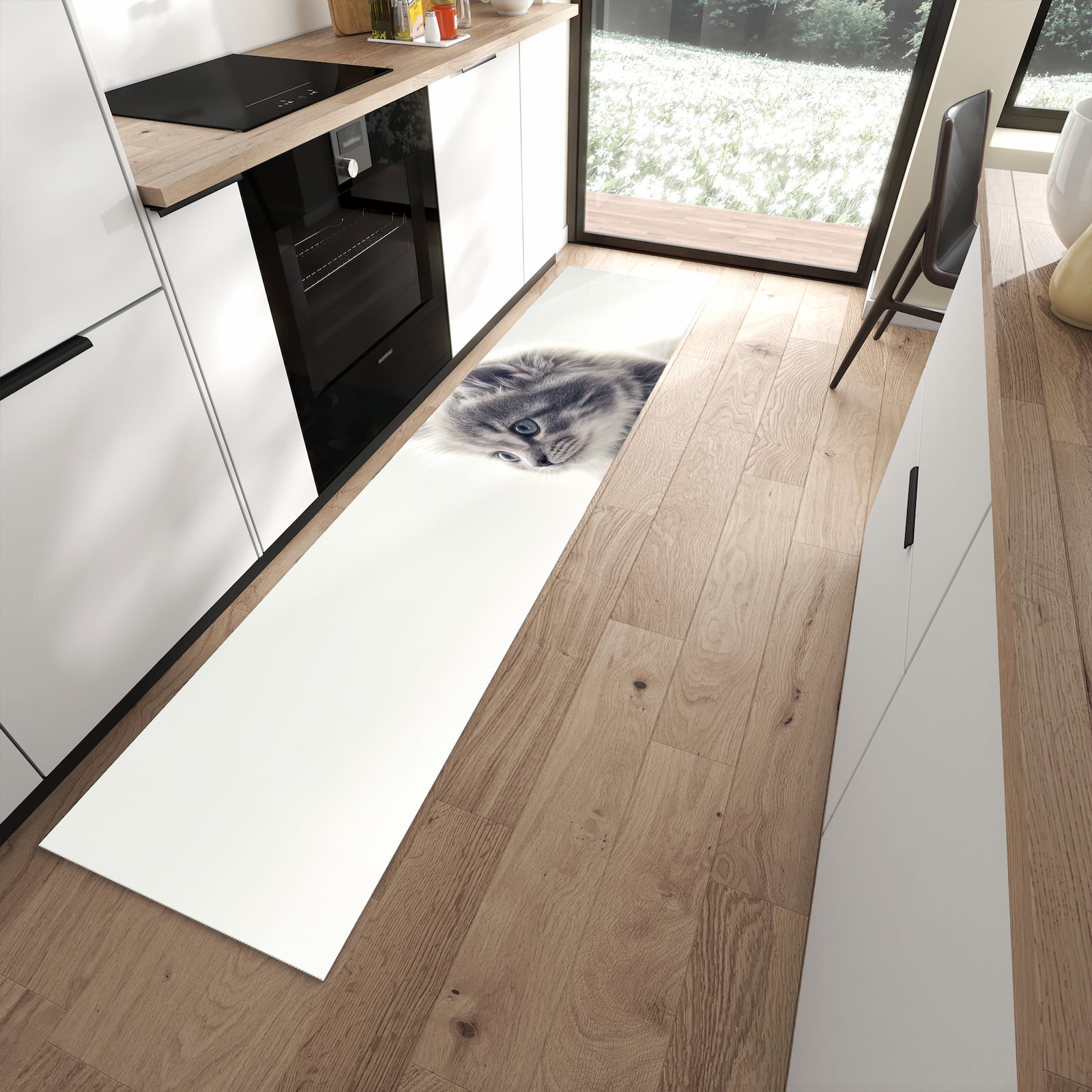 Rutschfester Küchenteppich mit Motiv Kitten Portrait in moderner Küche