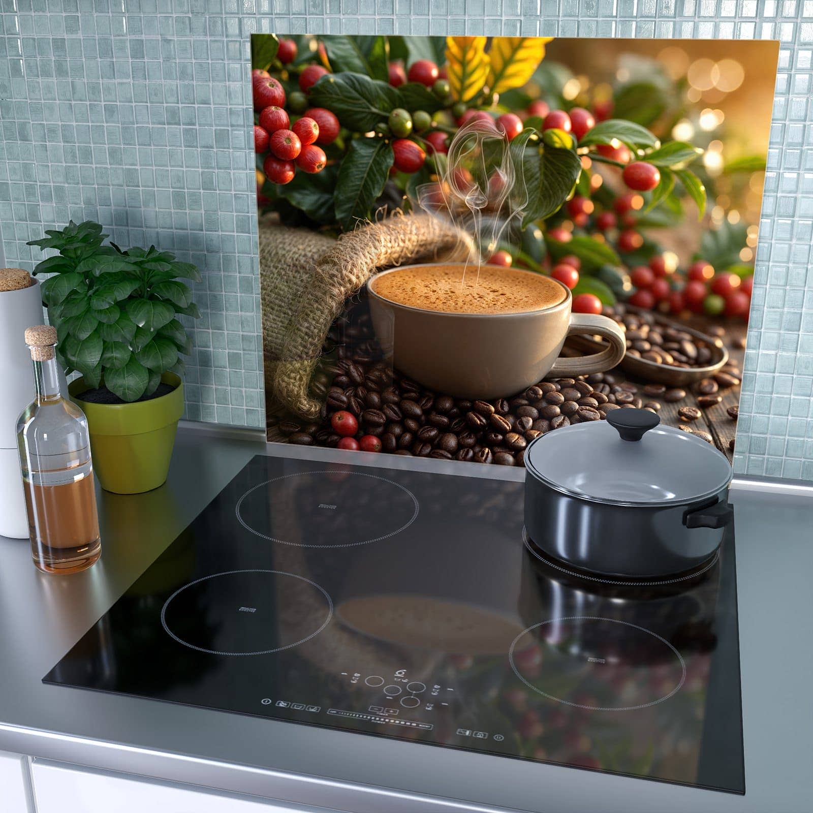 2-teilige Herdabdeckung aus Glas mit Kaffeeerntemorgen-Motiv auf dem Ceranfeld