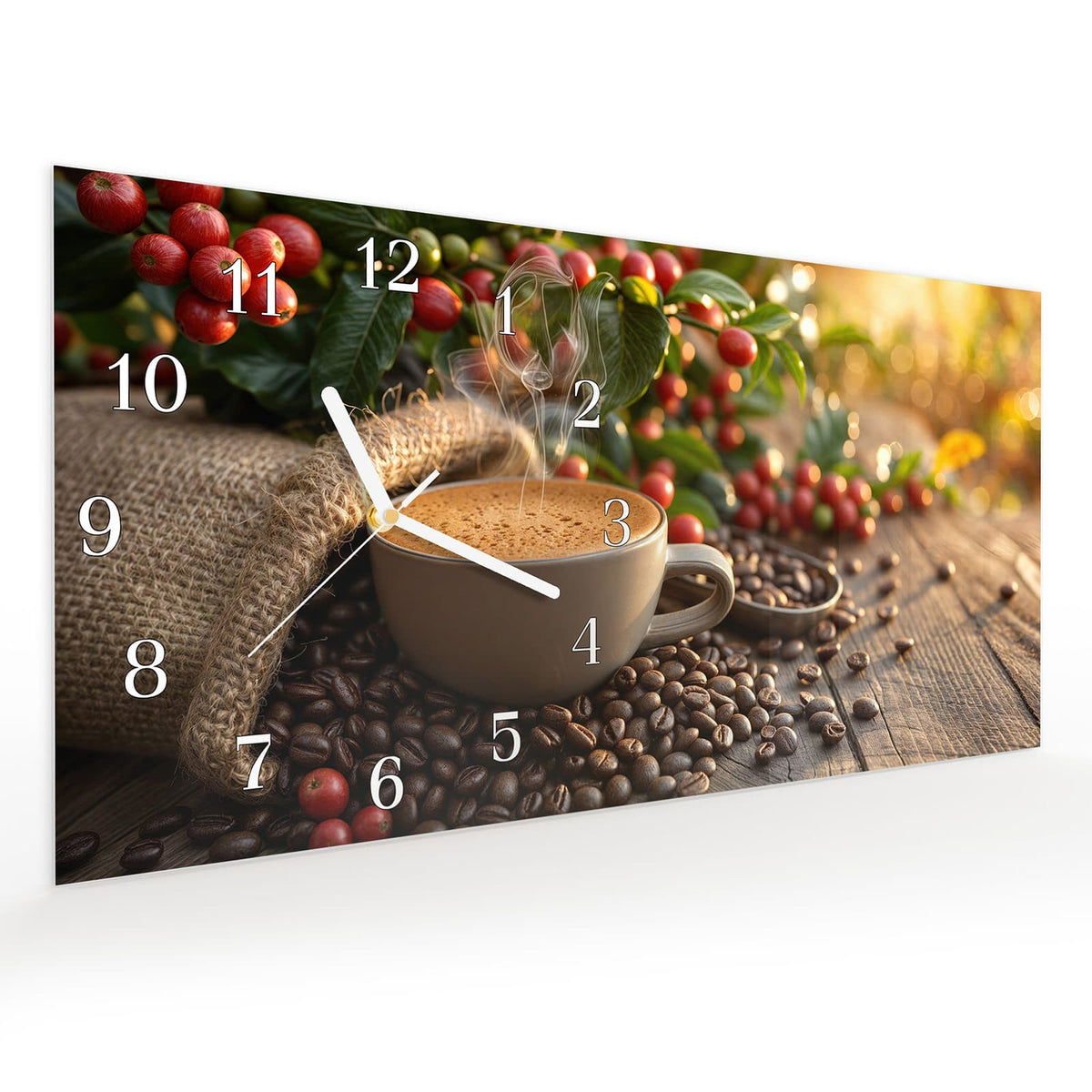 Vormontiert – mit Schwebeeffekt – Wanduhr Kaffeeerntemorgen aus Glas – Querformat 60 × 30 cm