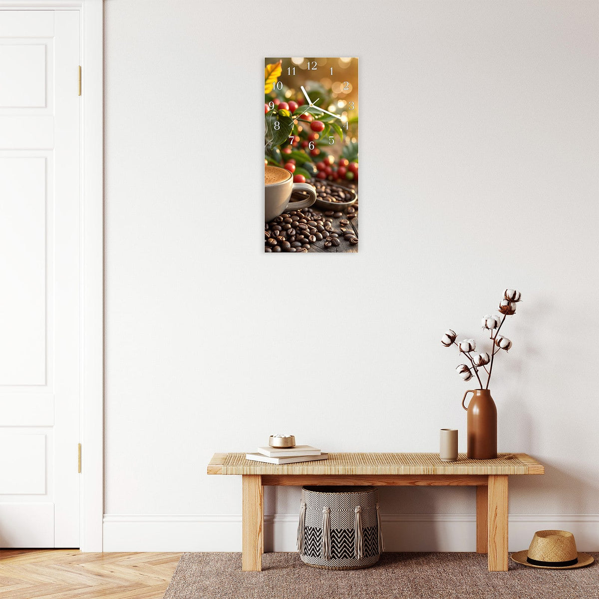 Moderne Wanduhr aus Glas mit Farbtiefe – Wanduhr Kaffeeerntemorgen aus Glas – Hochformat 30 × 60 cm