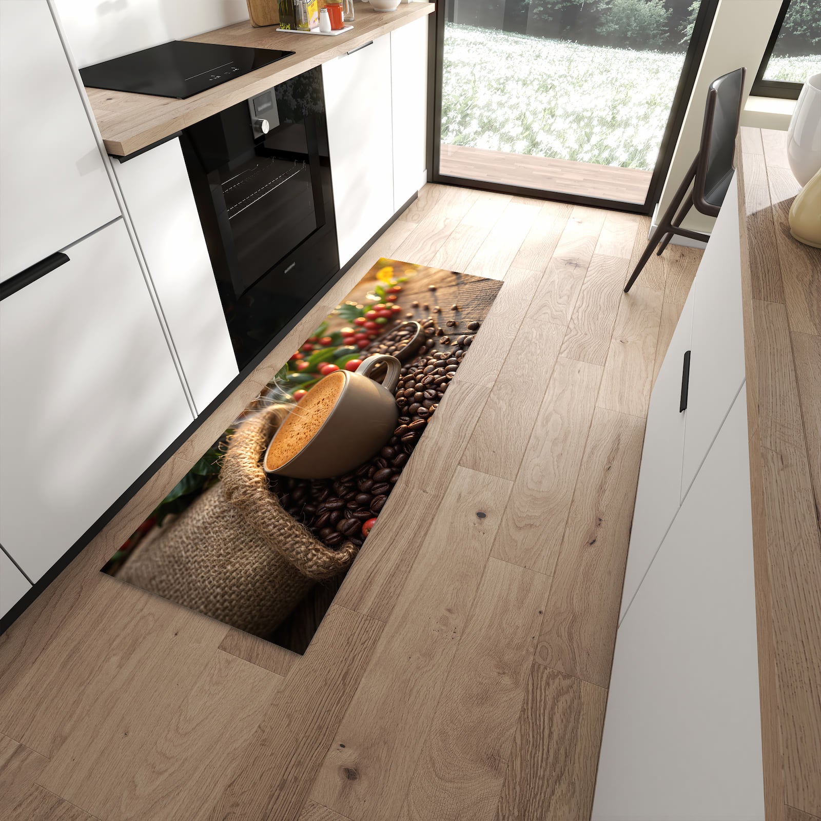Waschbarer dünner Küchenteppich mit Motiv Kaffeeerntemorgen in moderner Küche
