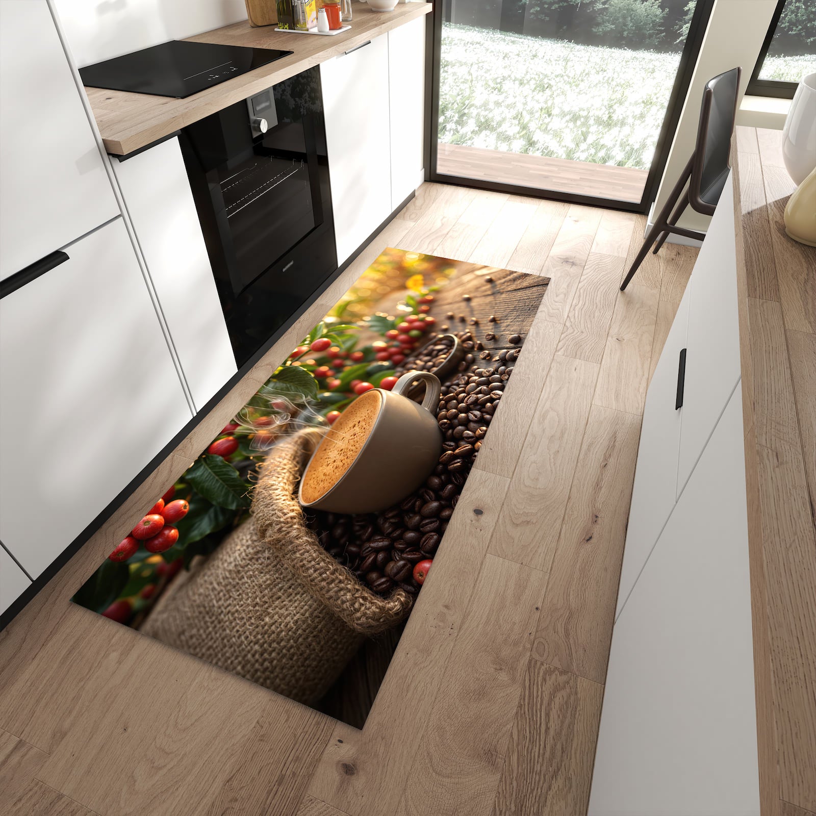 Flacher Bodenläufer mit Motiv Kaffeeerntemorgen in moderner Küche