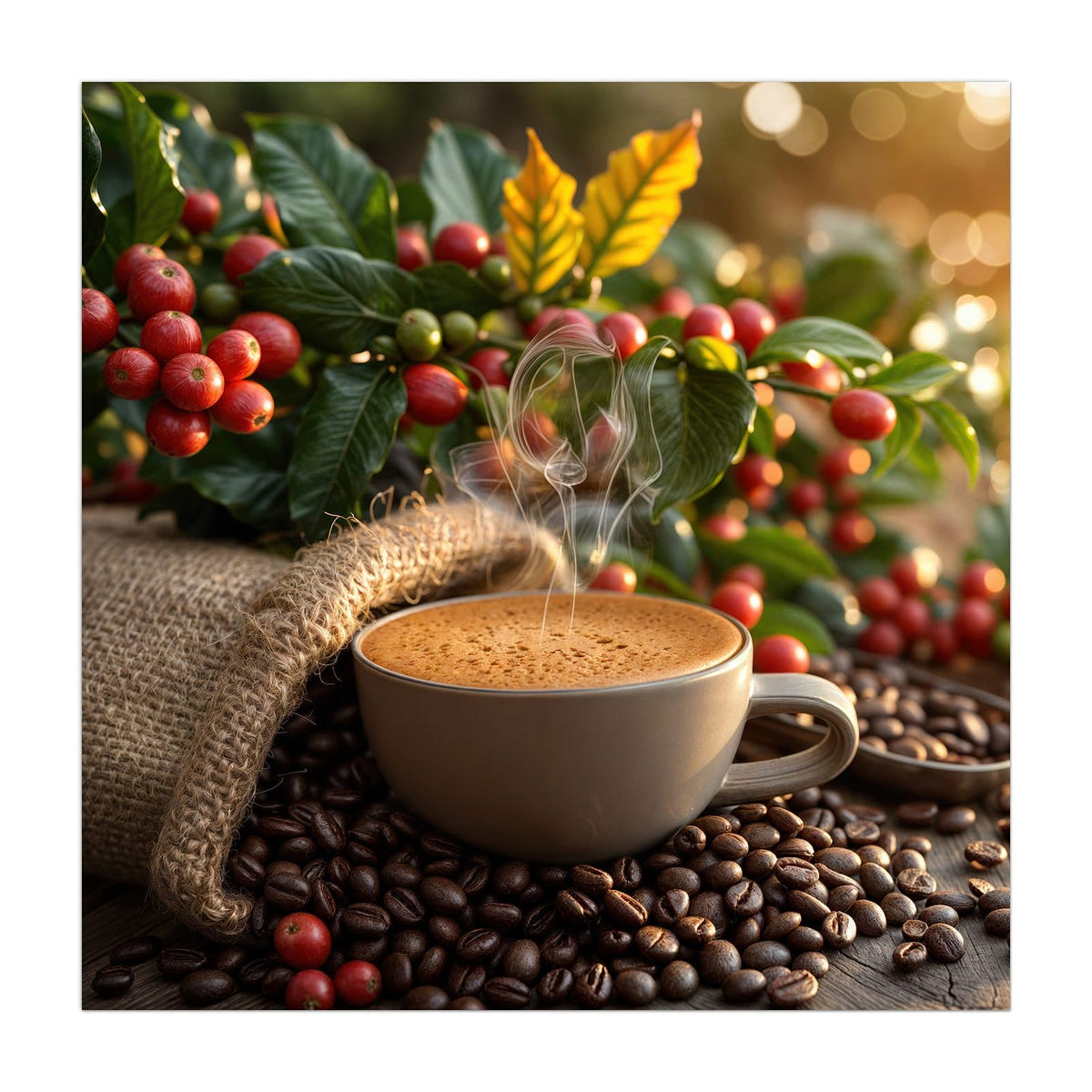 Dampfende Tasse Cappuccino vor Zweigen mit roten Kaffeekirschen, Jutesack und Bohnenhaufen