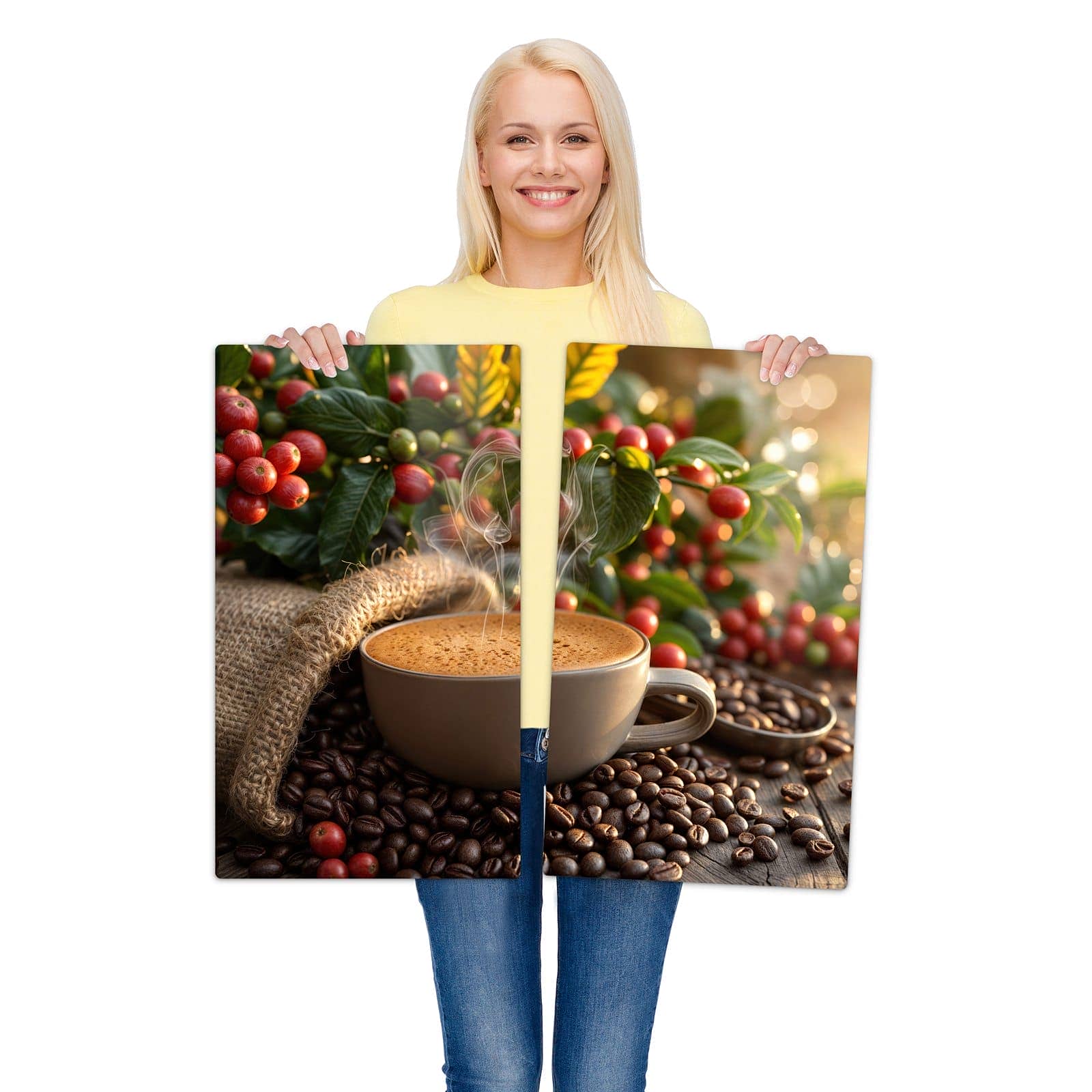 Herdabdeckung mit Kaffeeerntemorgen-Motiv wird zur Größendarstellung gehalten
