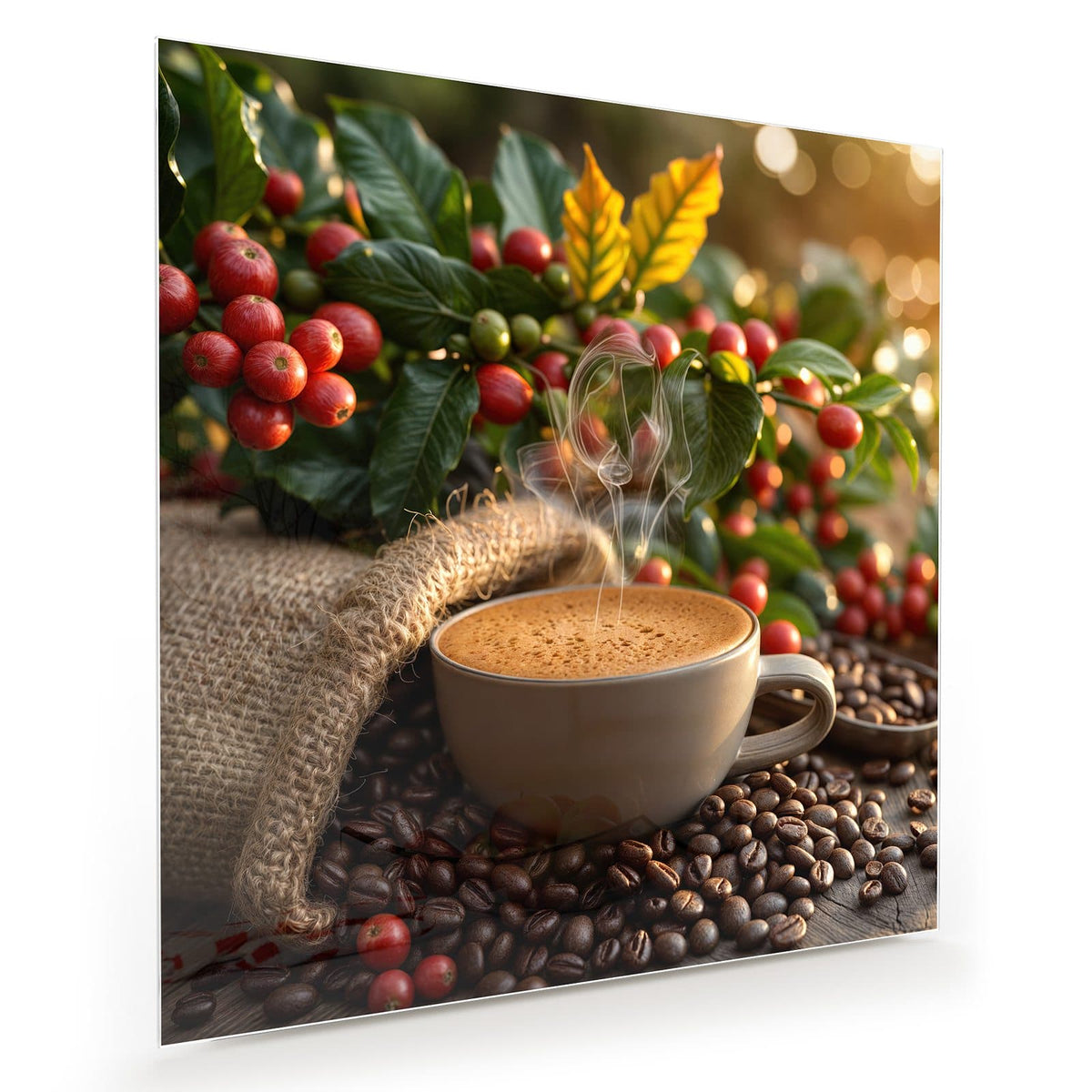 Dampfende Tasse Cappuccino vor Zweigen mit roten Kaffeekirschen, Jutesack und Bohnenhaufen