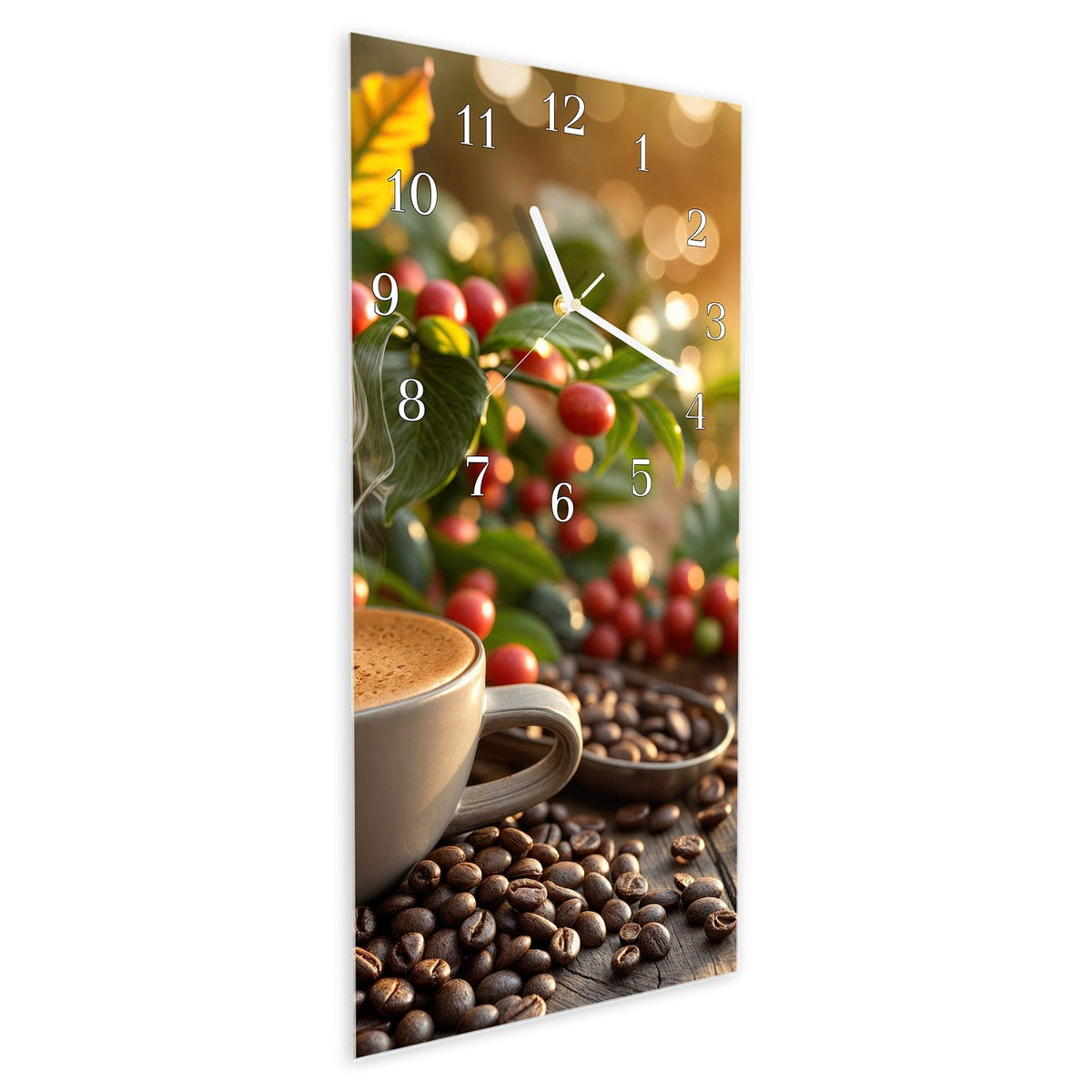 Vormontiert – mit Schwebeeffekt – Wanduhr Kaffeeerntemorgen aus Glas – Hochformat 30 × 60 cm