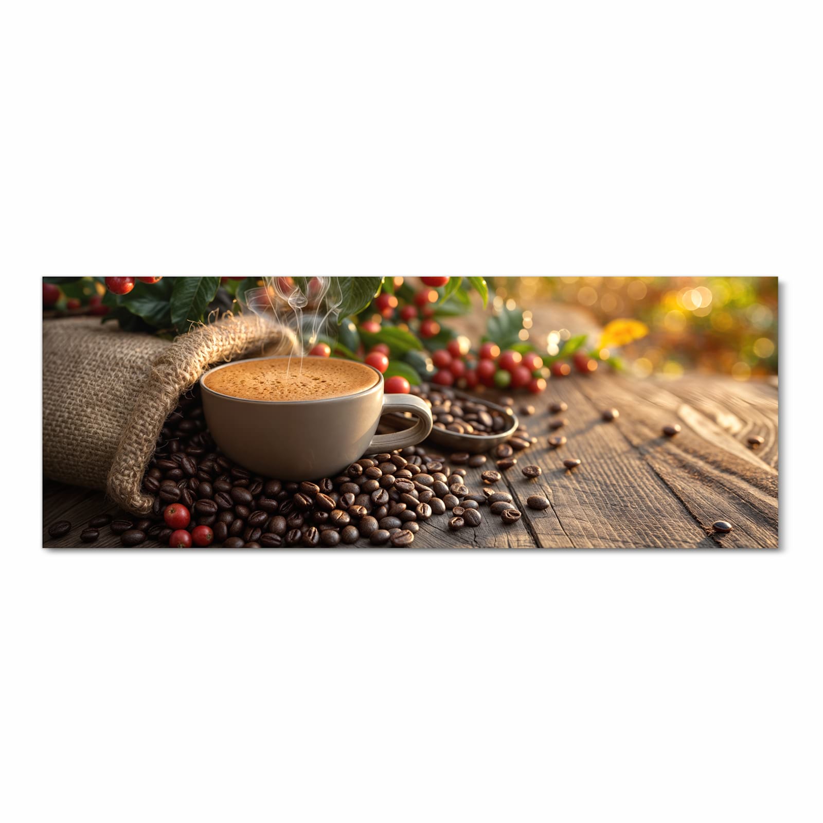 Feuchtigkeitsresistenter dünner Teppich mit Motiv Kaffeeerntemorgen in Frontansicht, waschbar