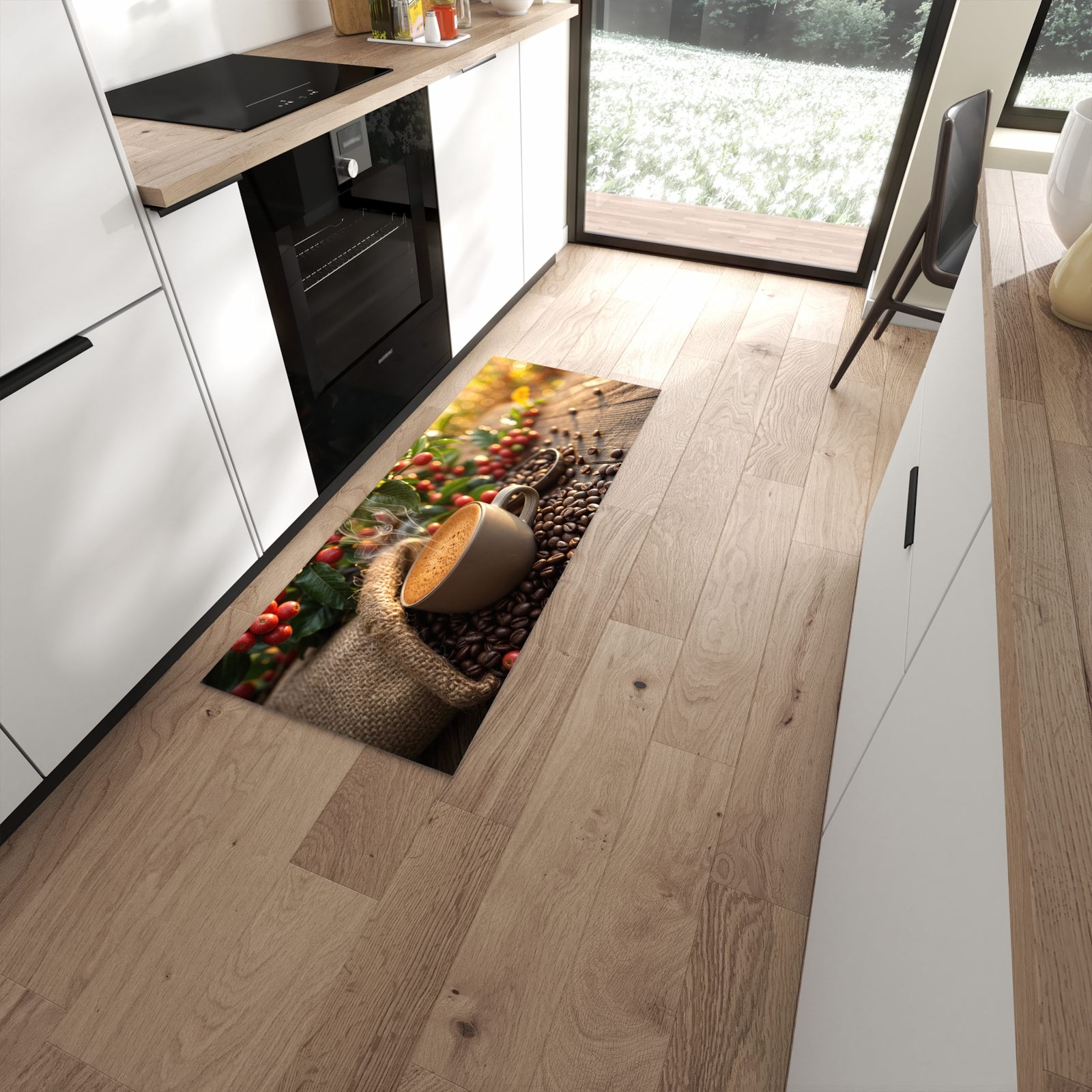 Rutschfester Küchenteppich mit Motiv Kaffeeerntemorgen für Trittkomfort in moderner Küche #grösse_60 x 150 cm