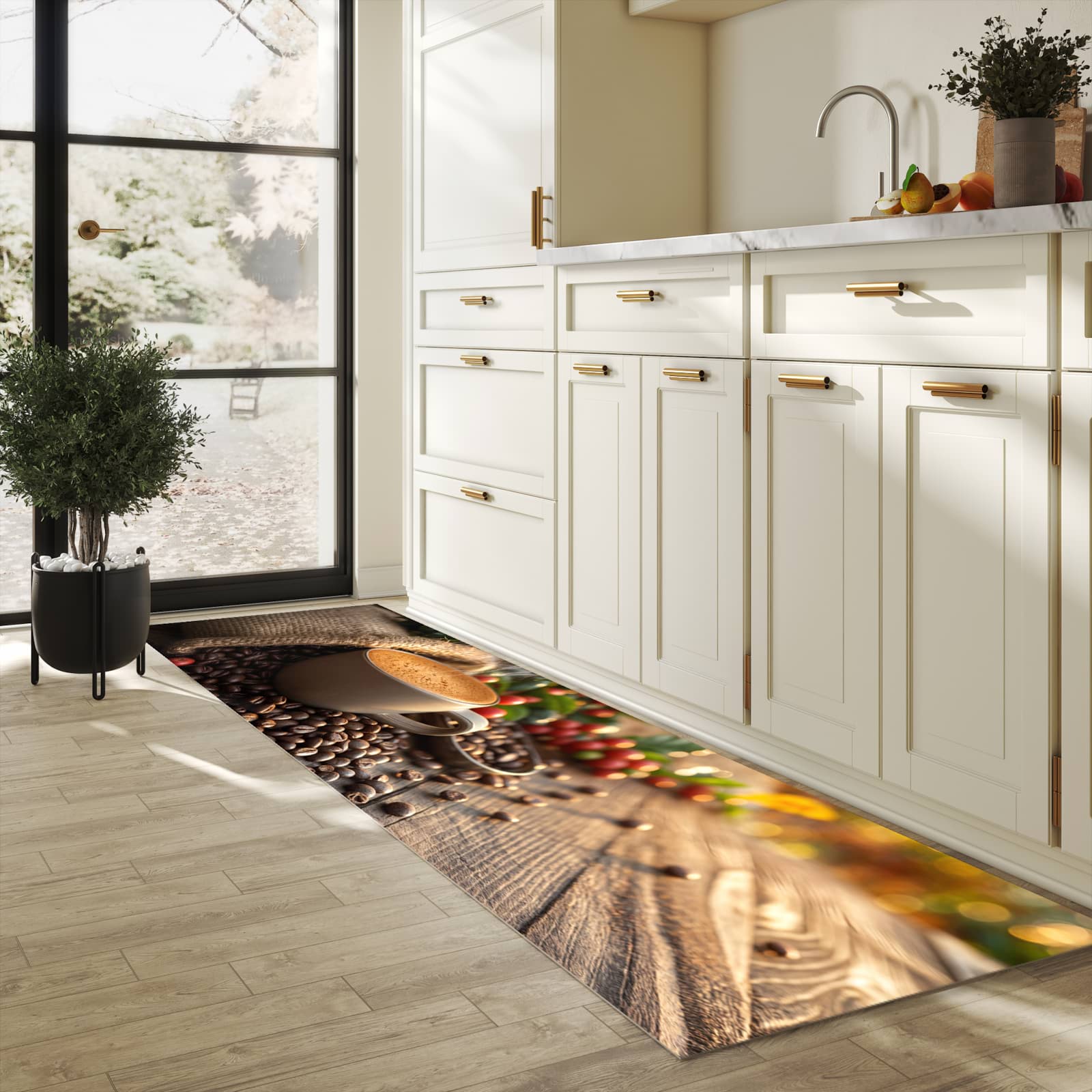 Strapazierfähiger Küchenteppich mit Motiv Kaffeeerntemorgen in heller Küche