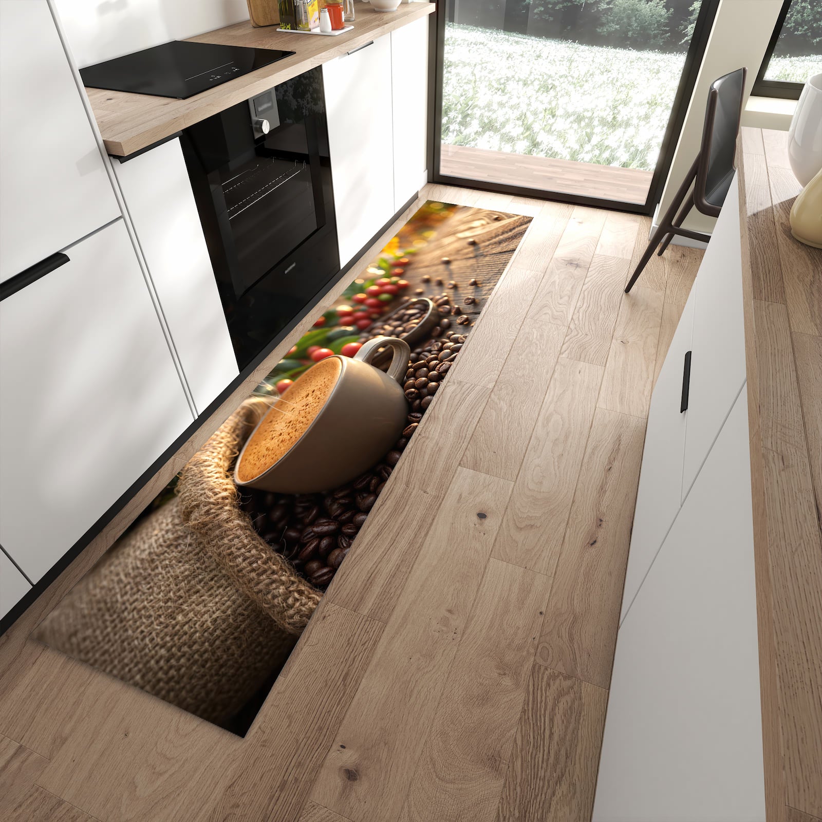 Schmutzabweisender Teppich für Esstisch mit Motiv Kaffeeerntemorgen in moderner Küche