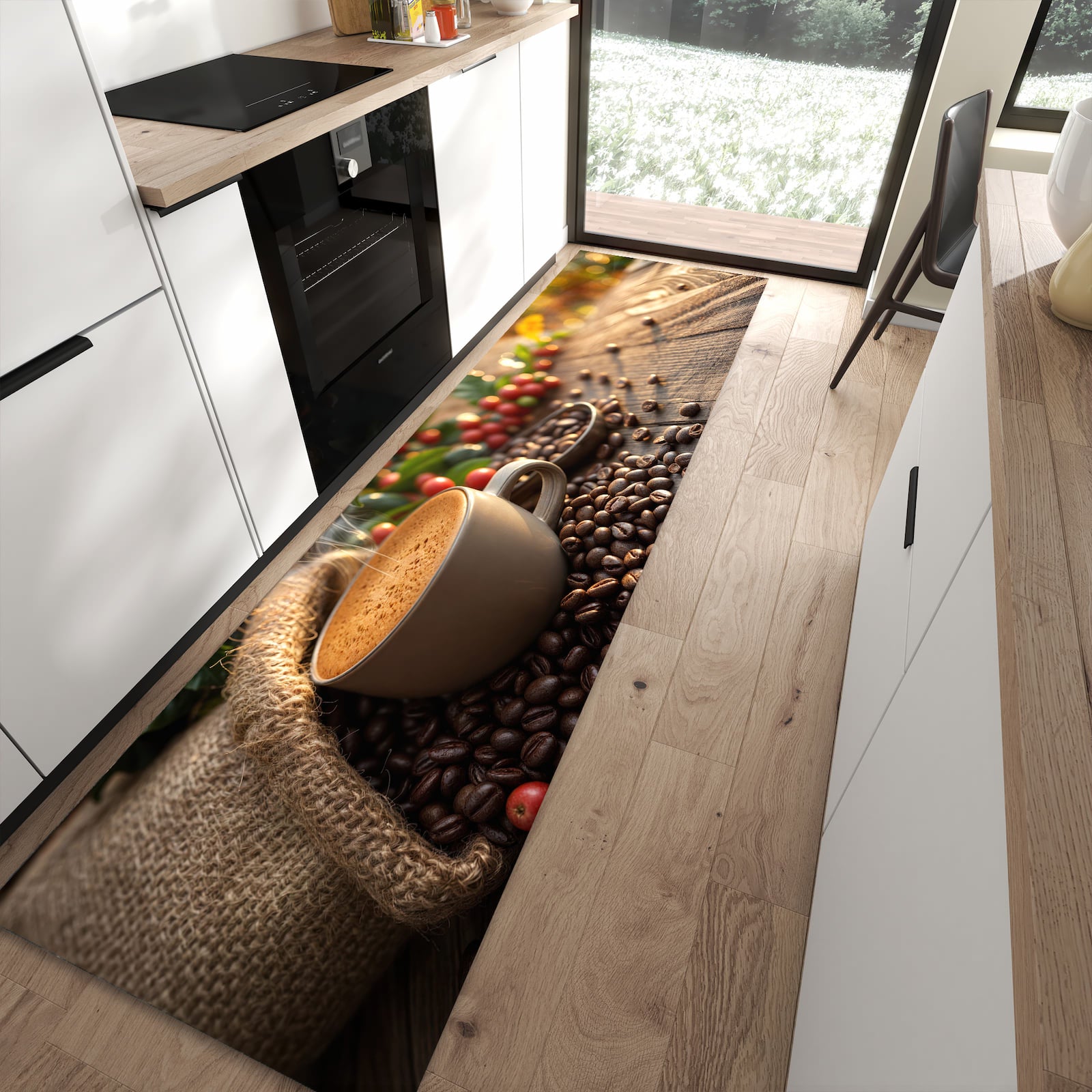 Rutschfester Küchenläufer mit Motiv Kaffeeerntemorgen in moderner Küche