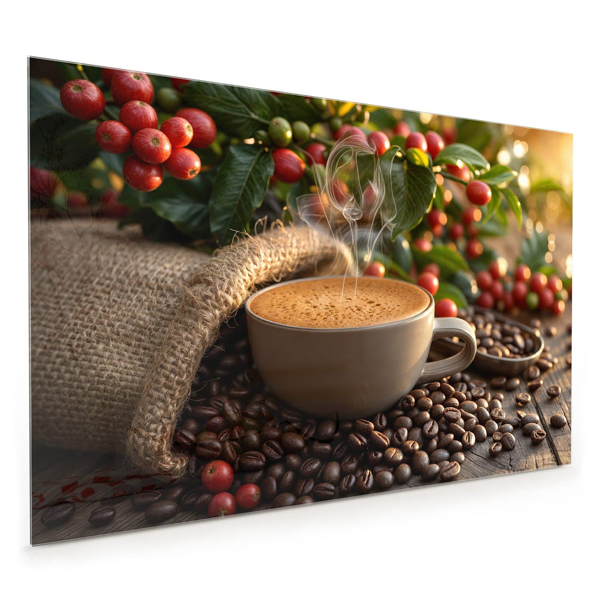 Küchenrückwand aus Glas im Hochformat: Dampfende Tasse Cappuccino vor Zweigen mit roten Kaffeekirschen, Jutesack und Bohnenhaufen