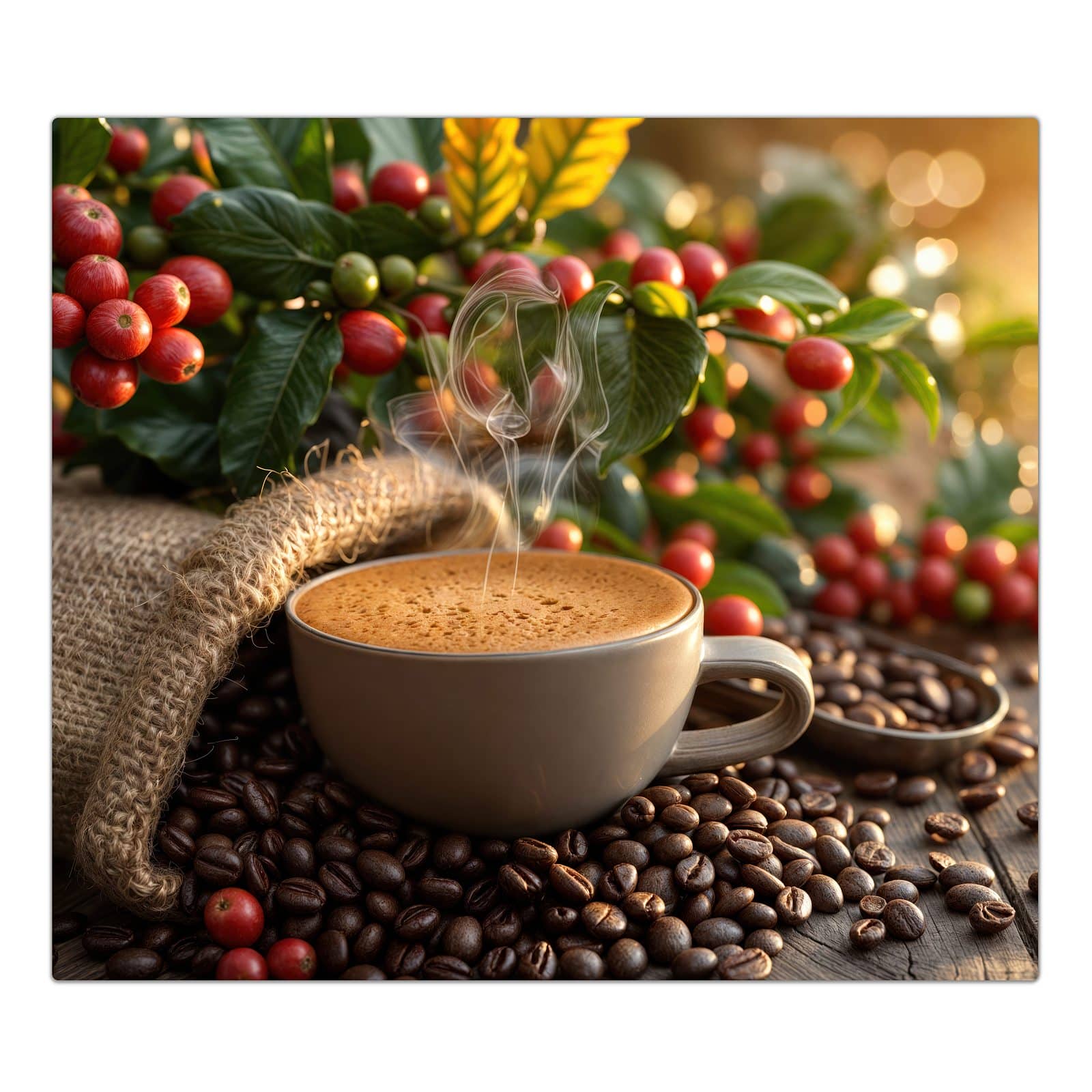 1-teilige Herdabdeckplatte Induktion mit Kaffeeerntemorgen-Motiv in der Frontansicht