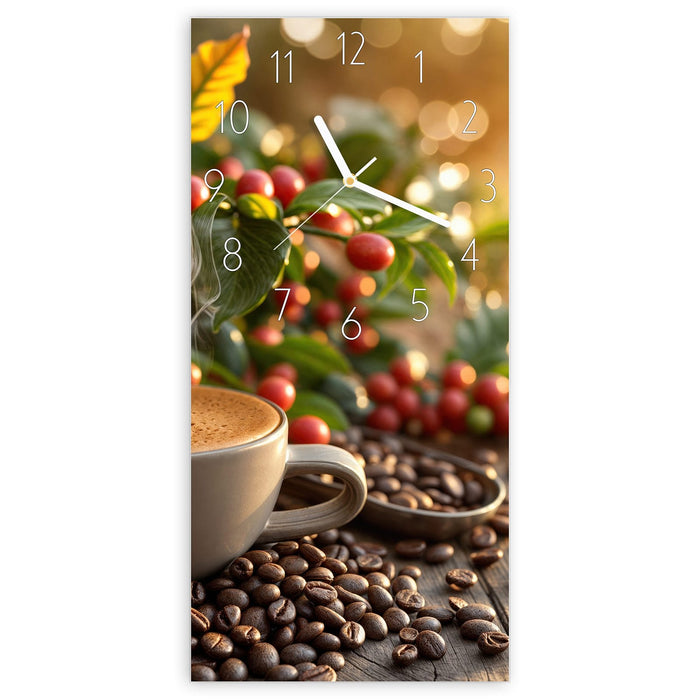 Wanduhr Kaffeeerntemorgen aus Glas – Hochformat 30 × 60 cm mit Ziffernblatt Elegant