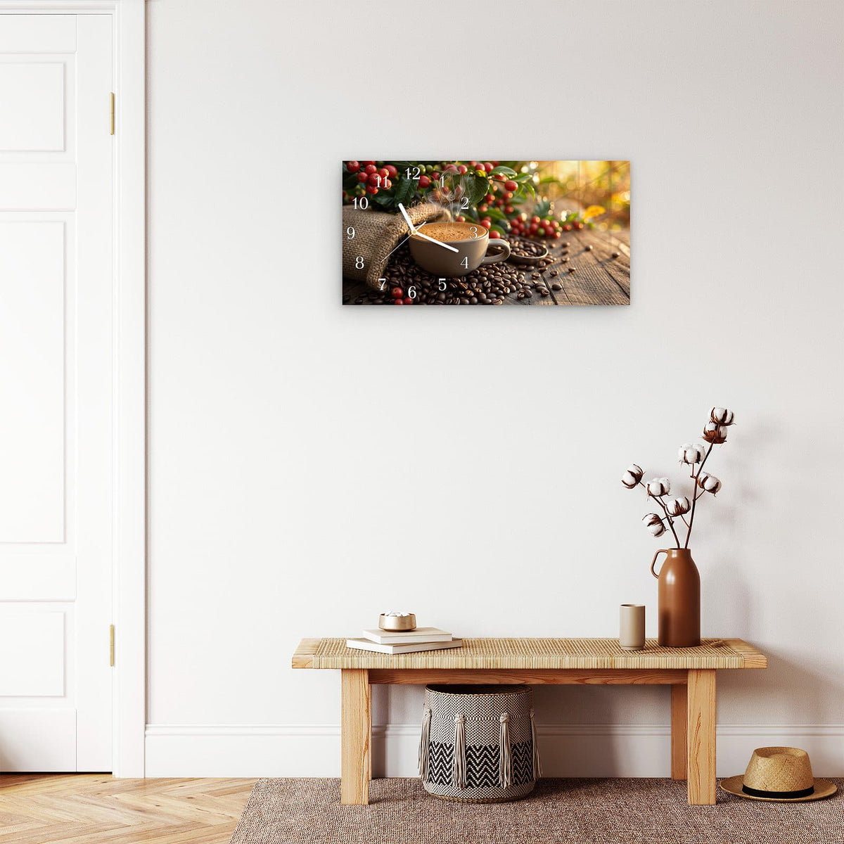 Moderne Wanduhr aus Glas mit Farbtiefe – Wanduhr Kaffeeerntemorgen aus Glas – Querformat 60 × 30 cm