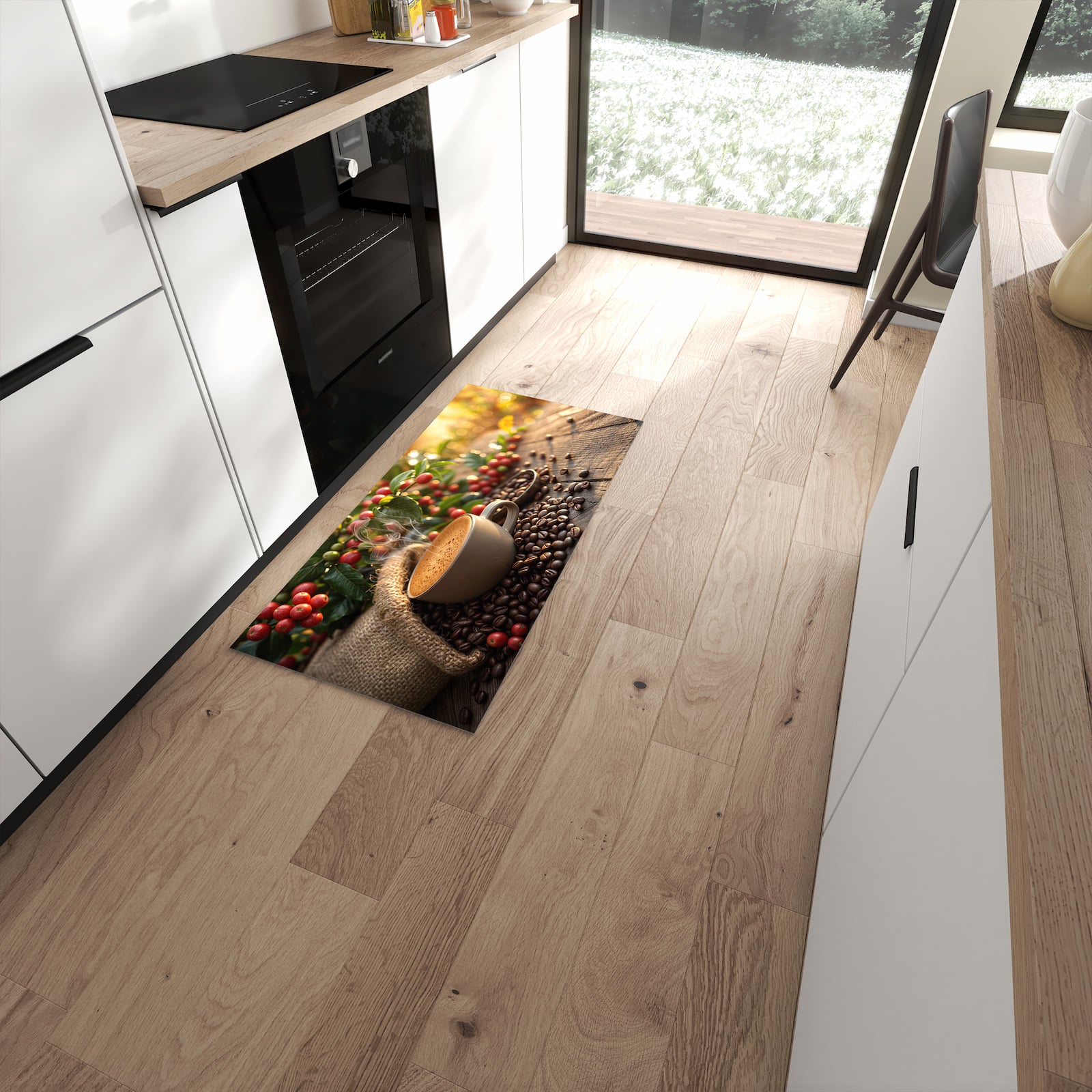 UV-beständiger dünner Teppich mit Motiv Kaffeeerntemorgen in moderner Küche #grösse_60 x 120 cm