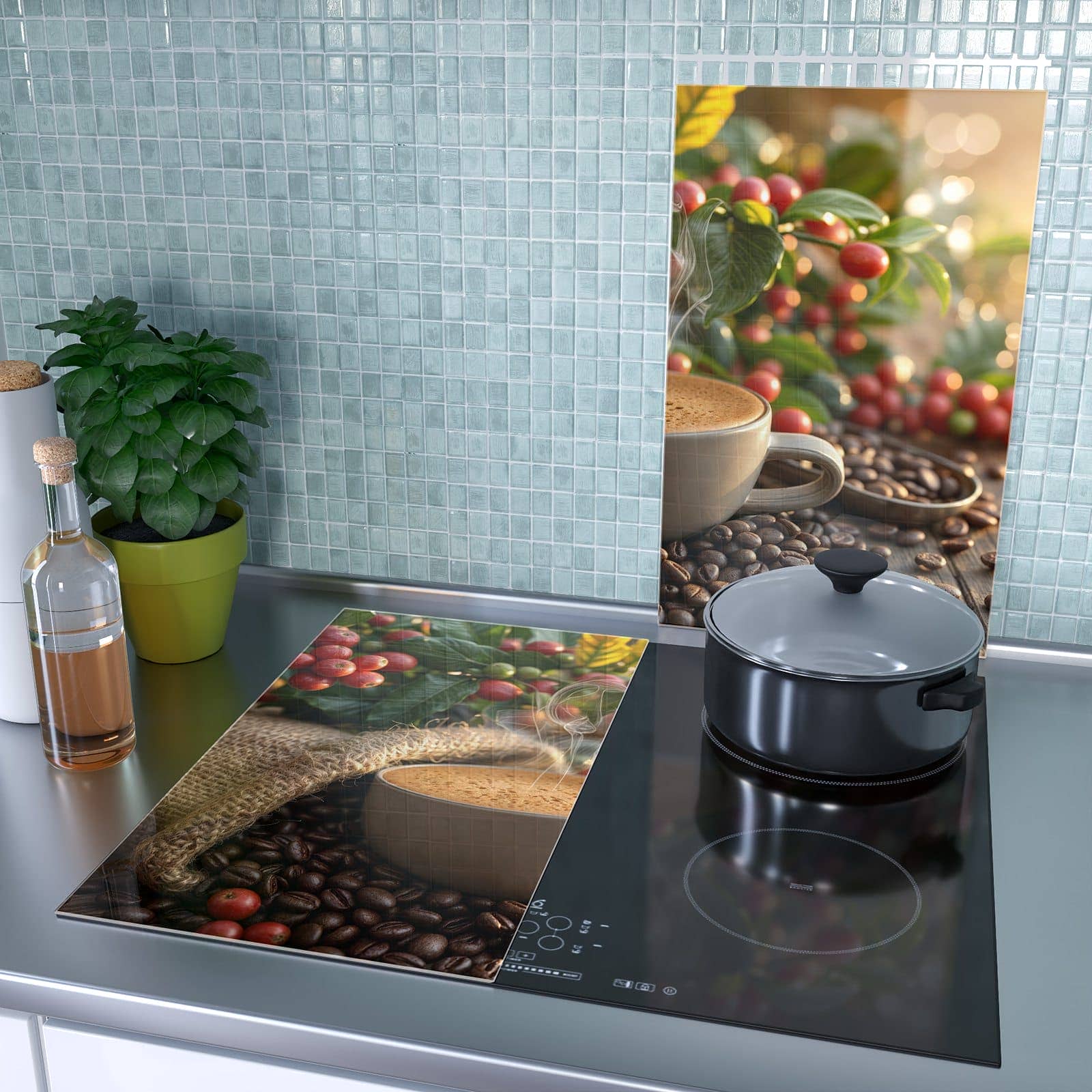 1-teilige Abdeckplatte für Induktionsherd mit Kaffeeerntemorgen-Motiv als Spritzschutz hinter dem Kochfeld
