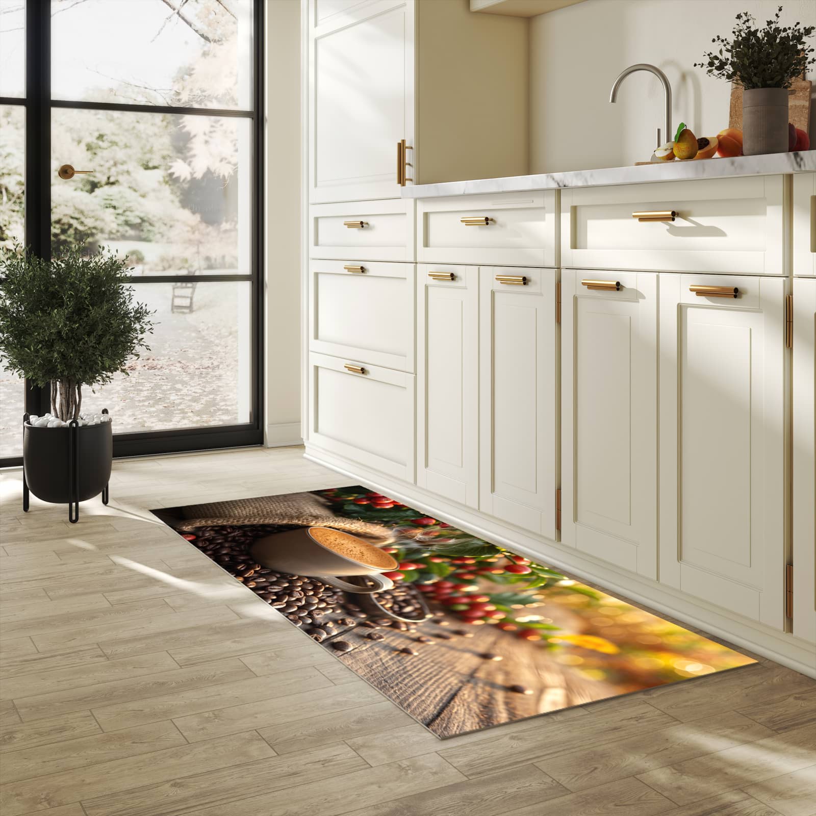Pflegeleichter Küchenteppich mit Motiv Kaffeeerntemorgen in heller Küche