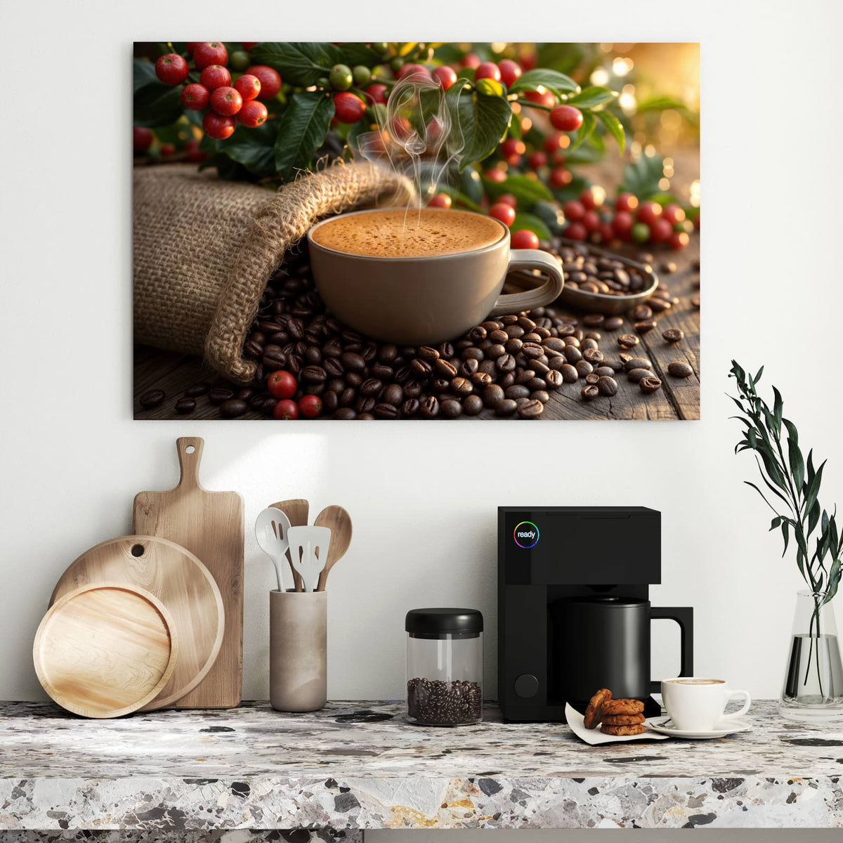 Metall Magnettafel - Tasse mit Kaffeekirschen – Dampfende Tasse mit Kaffeebohnen