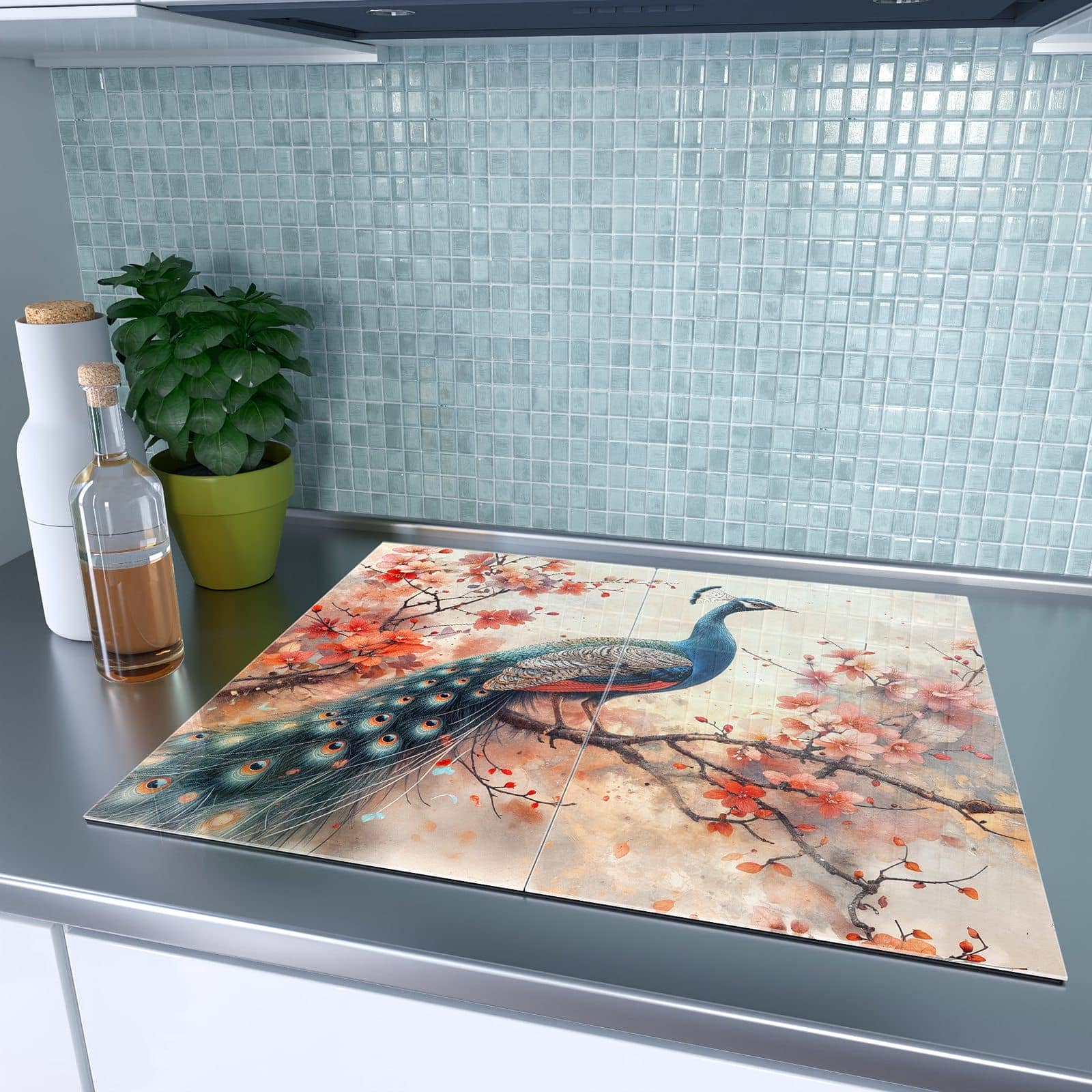 2-teilige Herdabdeckplatte mit Pfau und Blüten-Motiv auf dem Ceranfeld