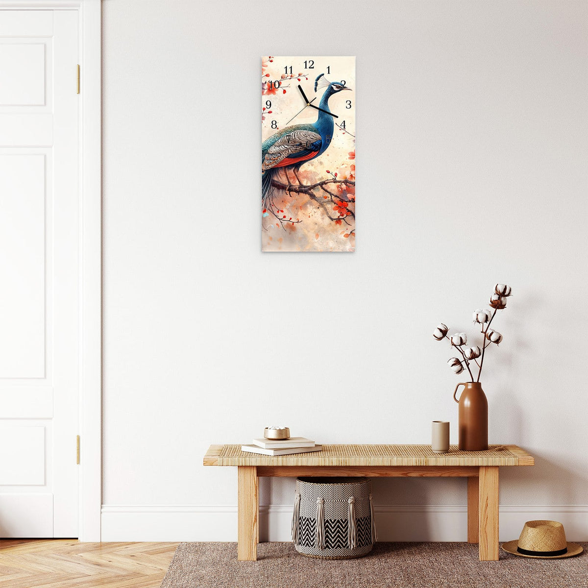 Moderne Wanduhr aus Glas mit Farbtiefe – Wanduhr Pfau und Blüten aus Glas – Hochformat 30 × 60 cm