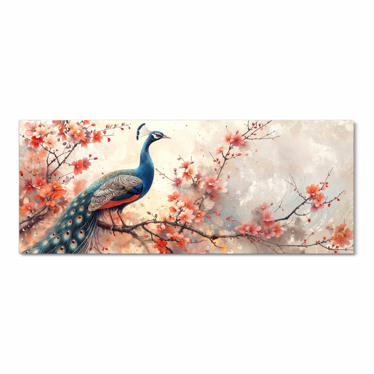 Aquarellierter Pfau mit langer Schleppe auf einem Ast mit korallenroten Blüten.