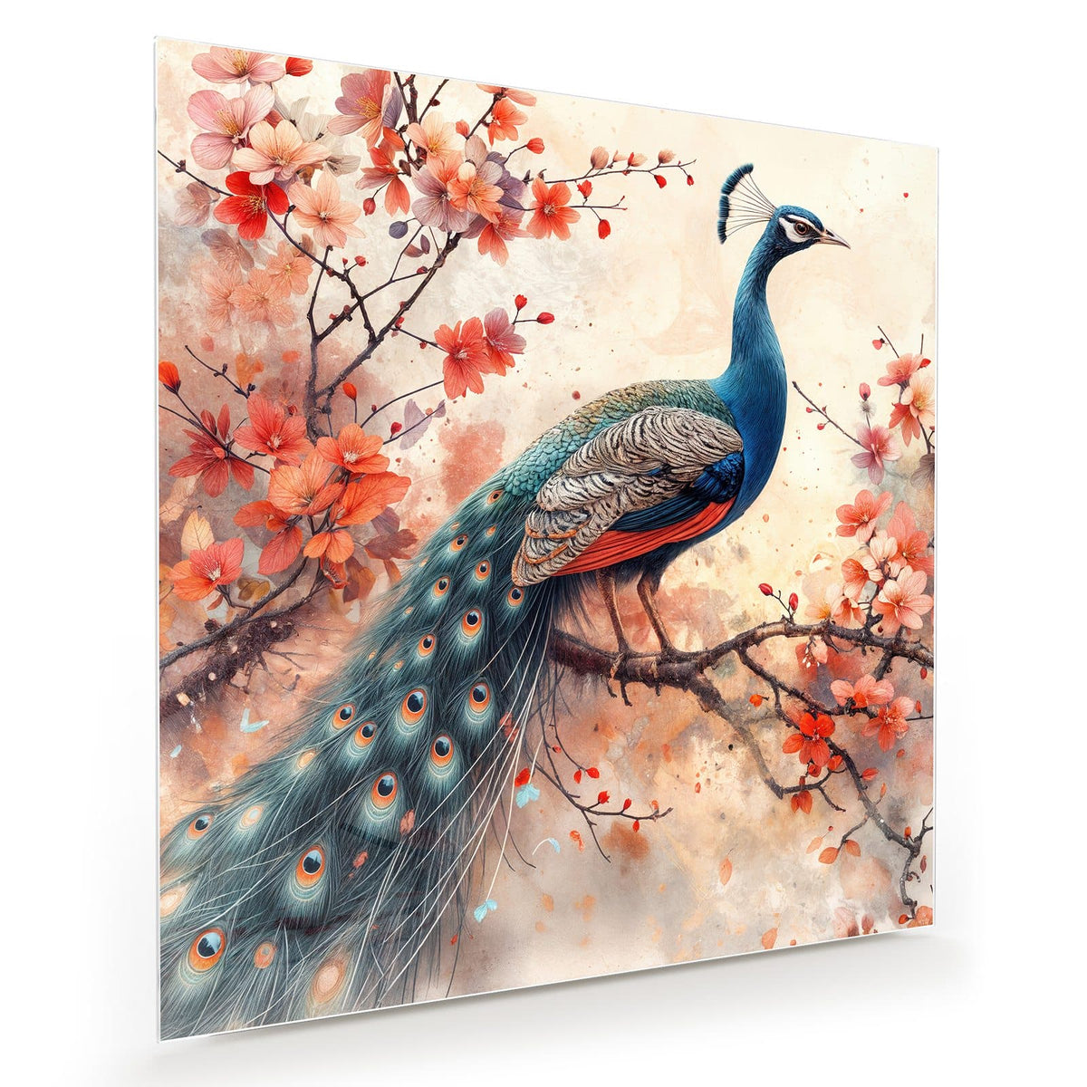 Aquarellierter Pfau mit langer Schleppe auf einem Ast mit korallenroten Blüten.