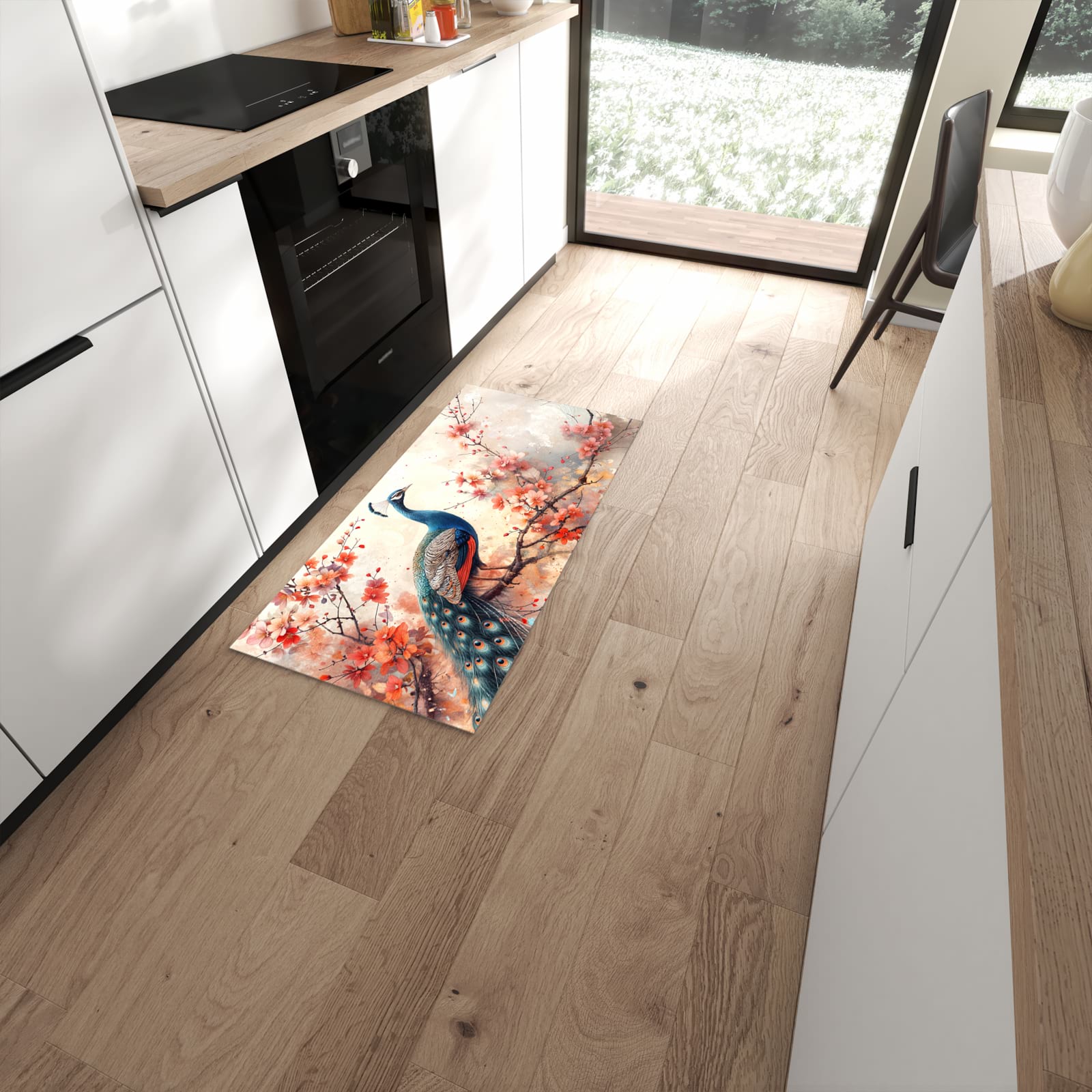 Waschbarer Küchenläufer mit Motiv Pfau und Blüten in moderner Küche #grösse_60 x 120 cm