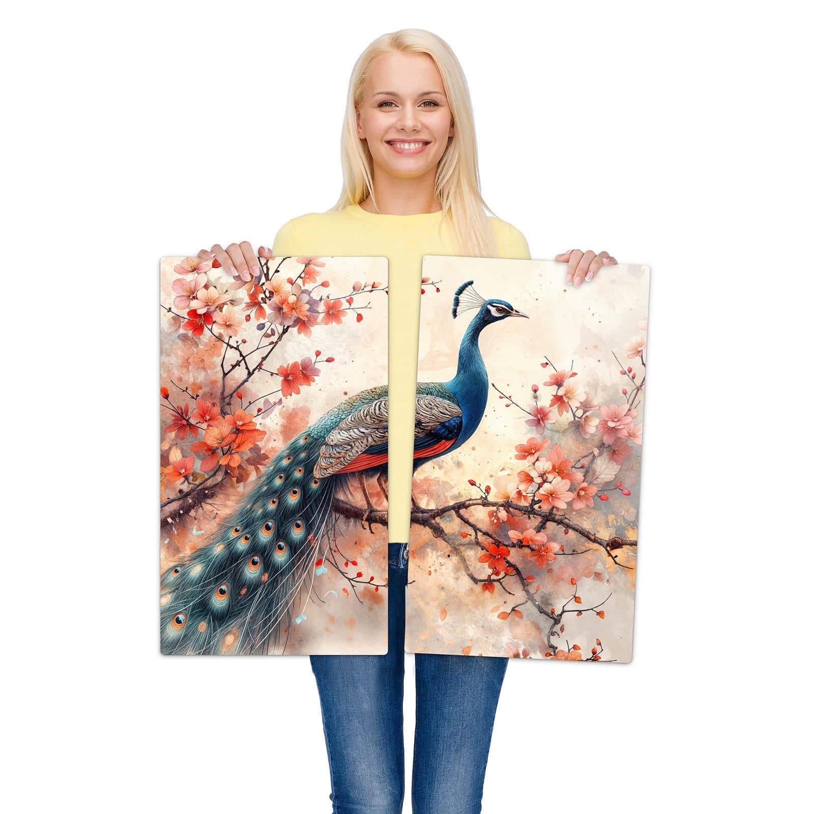 2-teilige Herdabdeckplatte mit Pfau und Blüten-Motiv wird zur Größendarstellung gehalten