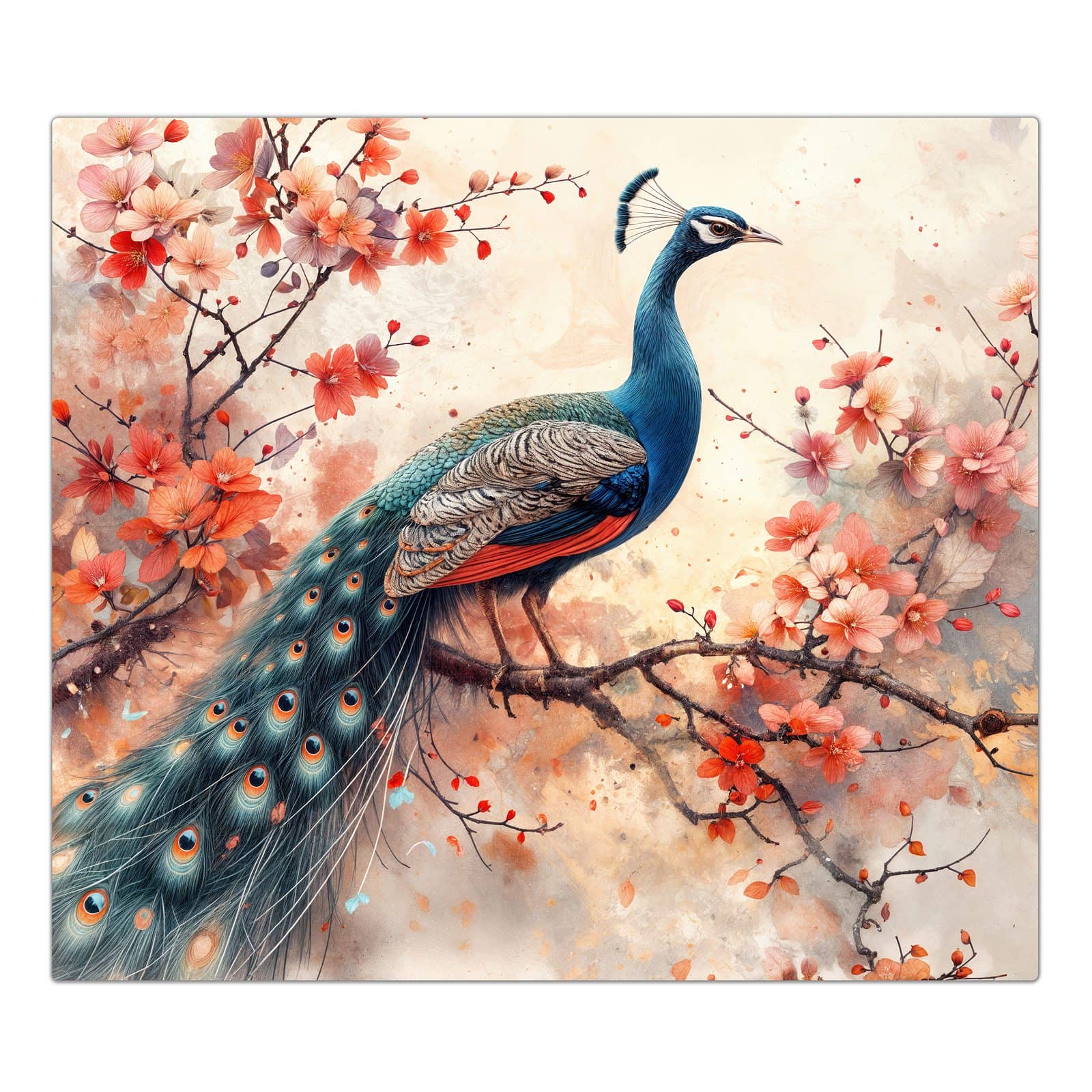 1-teilige Herdabdeckplatte mit Pfau und Blüten-Motiv in der Frontansicht