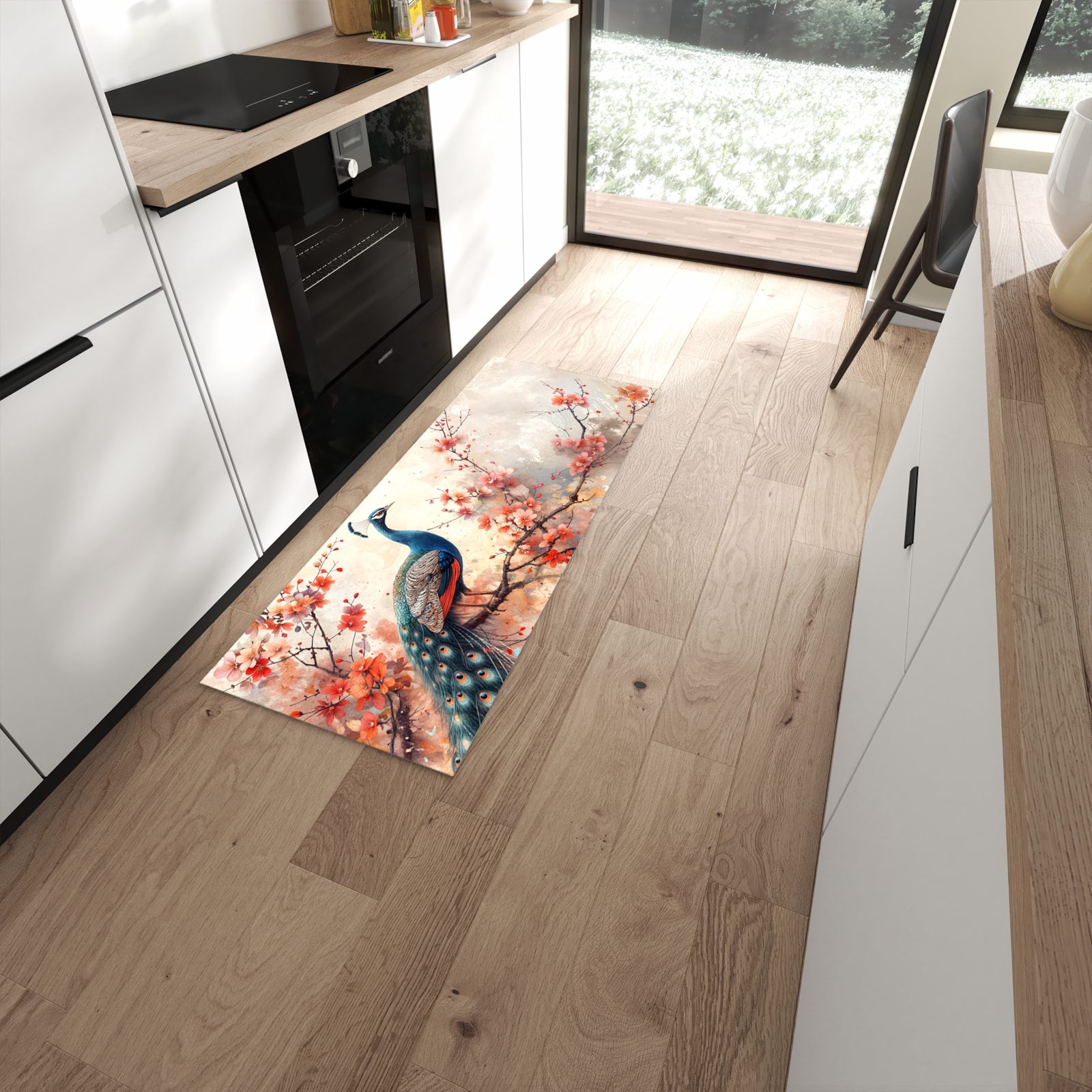 Langlebiger Küchenläufer mit Motiv Pfau und Blüten in moderner Küche #grösse_60 x 150 cm