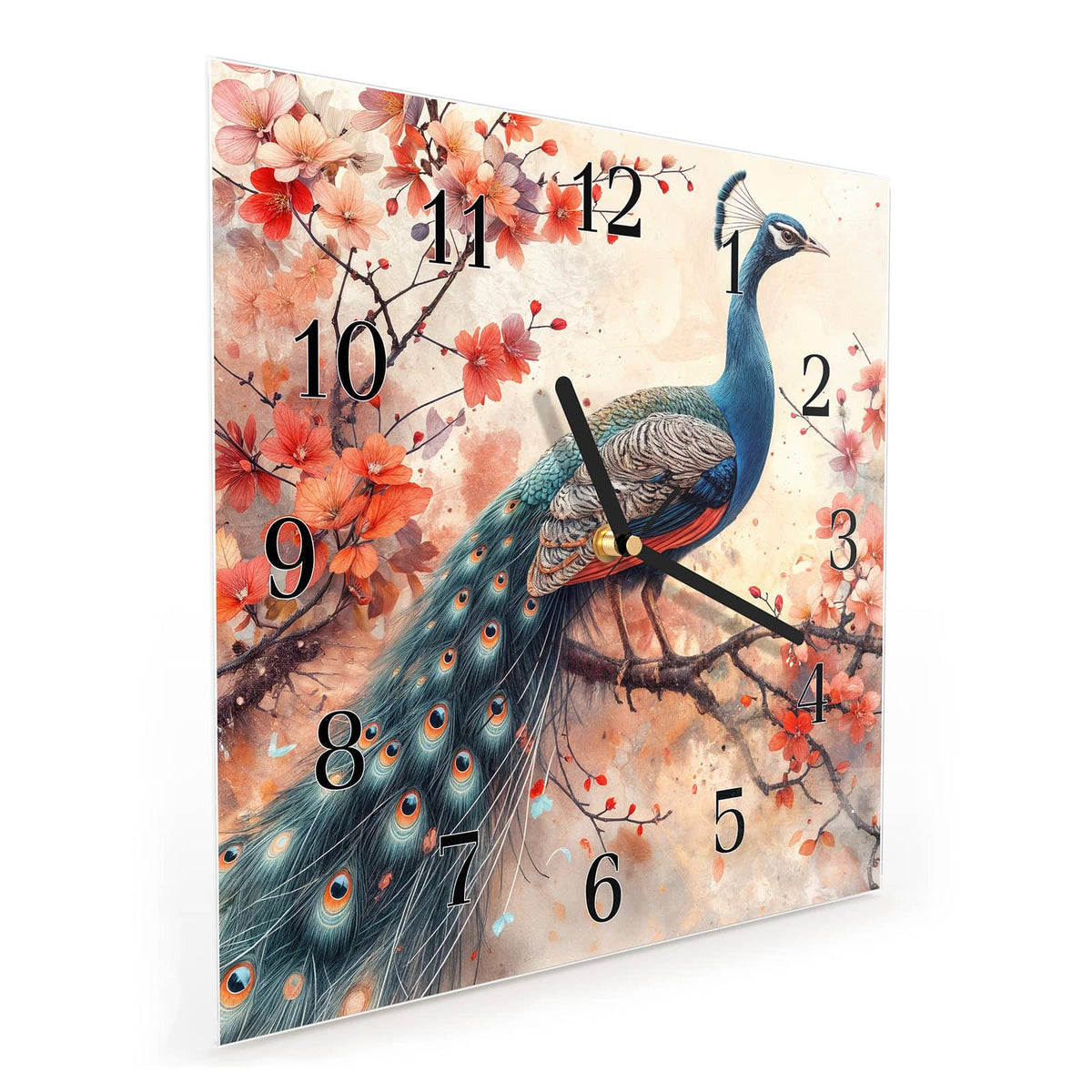 Quadratische Wanduhr aus Glas Pfau auf Kirschzweig schräg von der Seite, 4 mm starkes Glas