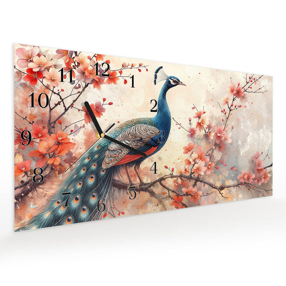 Vormontiert – mit Schwebeeffekt – Wanduhr Pfau und Blüten aus Glas – Querformat 60 × 30 cm