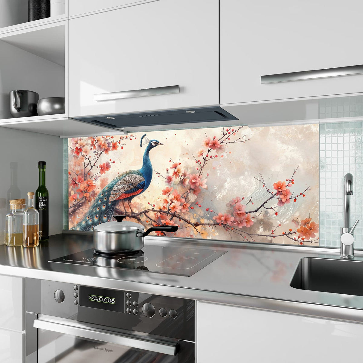 Küchenrückwand aus Glas Pfau auf Kirschzweig im Hochformat als Spritzschutz hinter dem Kochfeld, über dem Fliesenspiegel montiert
