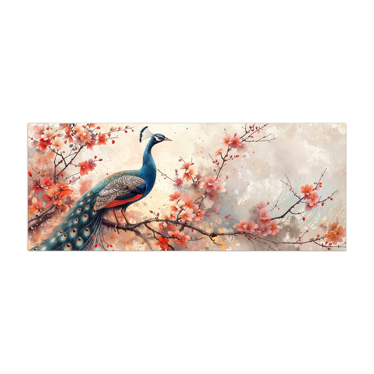 Küchenrückwand aus Glas Pfau auf Kirschzweig im Hochformat, Motiv bildfüllend von vorn