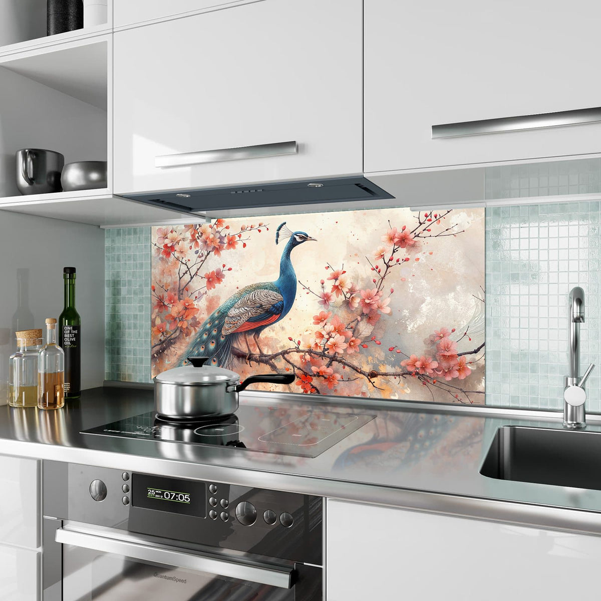 Küchenrückwand aus Glas Pfau auf Kirschzweig im Hochformat als Spritzschutz hinter dem Kochfeld, über dem Fliesenspiegel montiert