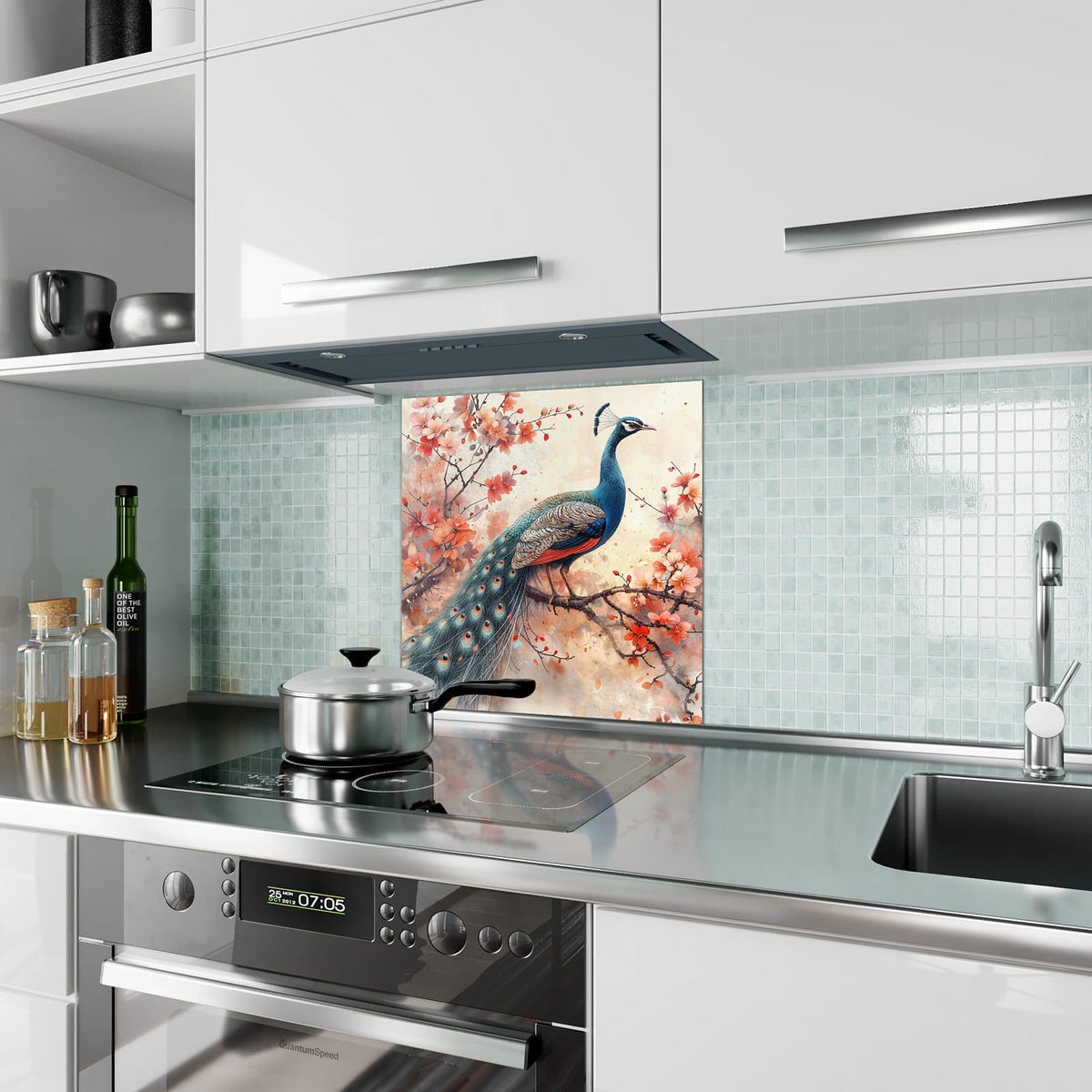 Küchenrückwand aus Glas Pfau auf Kirschzweig im quadratischen Format als Spritzschutz hinter dem Kochfeld, über dem Fliesenspiegel montiert