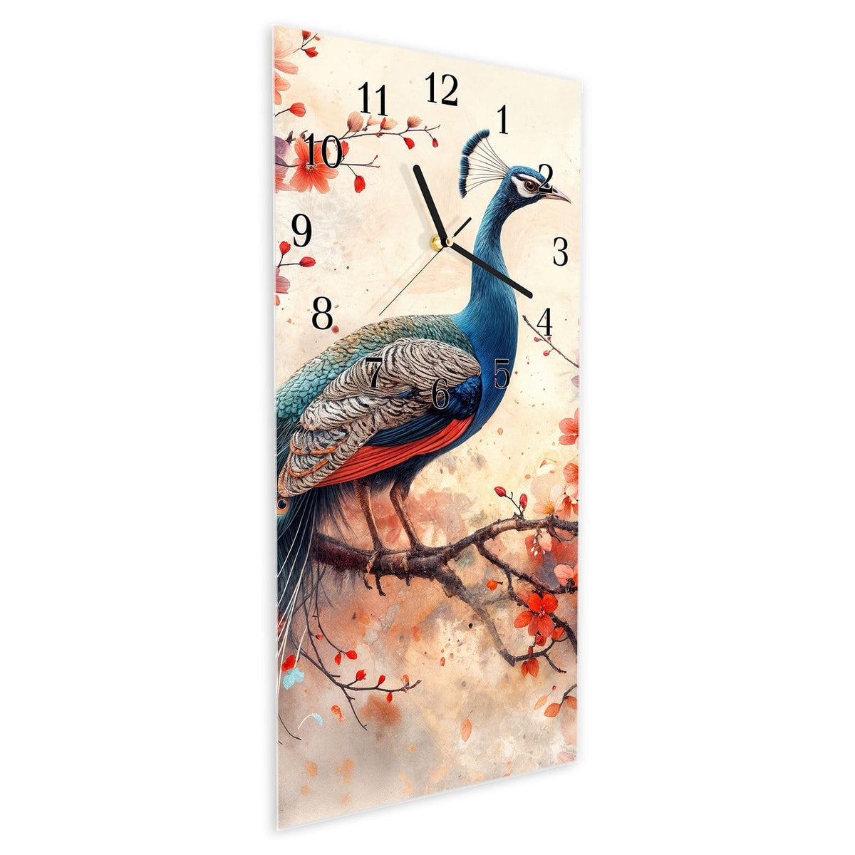 Vormontiert – mit Schwebeeffekt – Wanduhr Pfau und Blüten aus Glas – Hochformat 30 × 60 cm