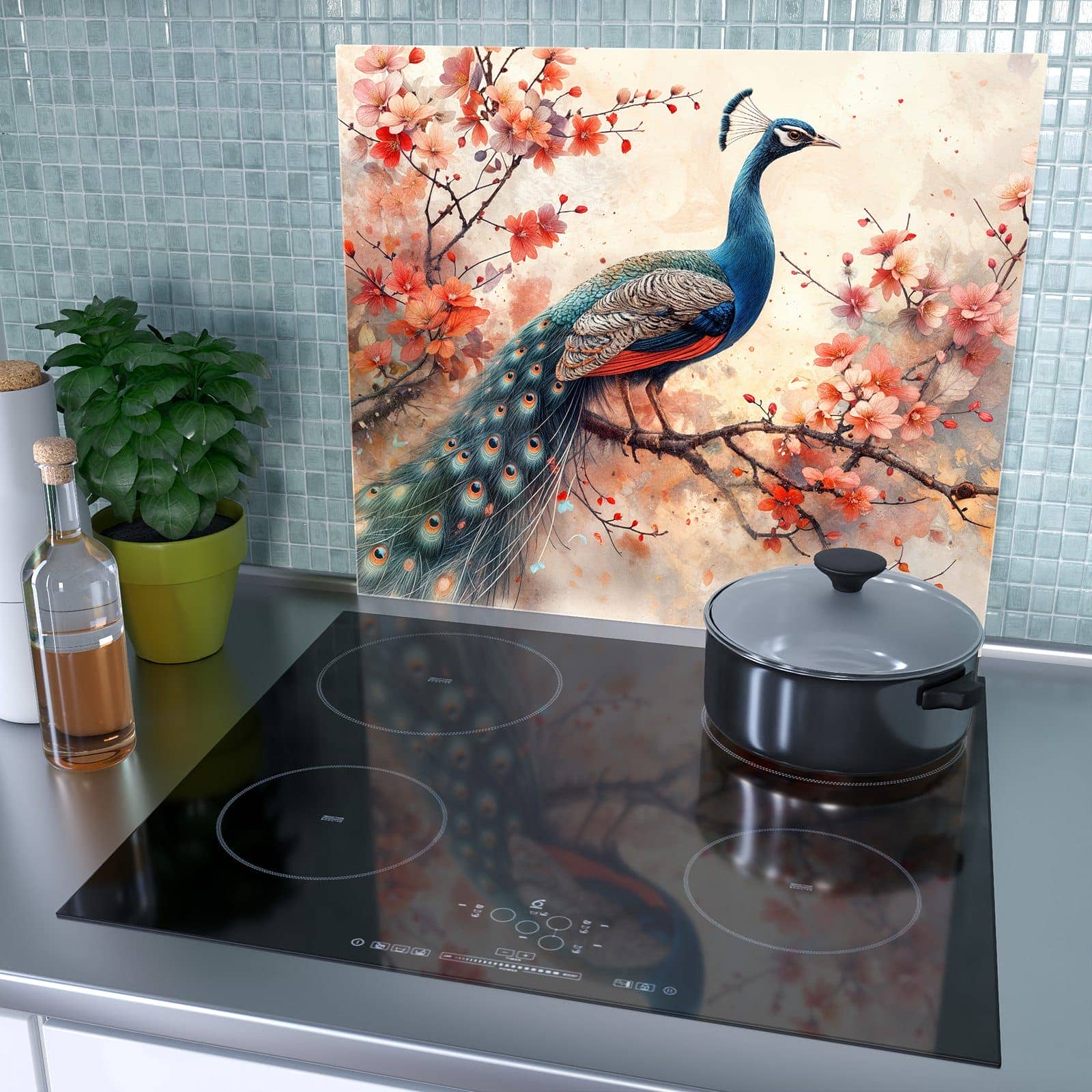 1-teilige Herdabdeckplatte aus Glas mit Pfau und Blüten-Motiv als Spritzschutz hinter dem Kochfeld