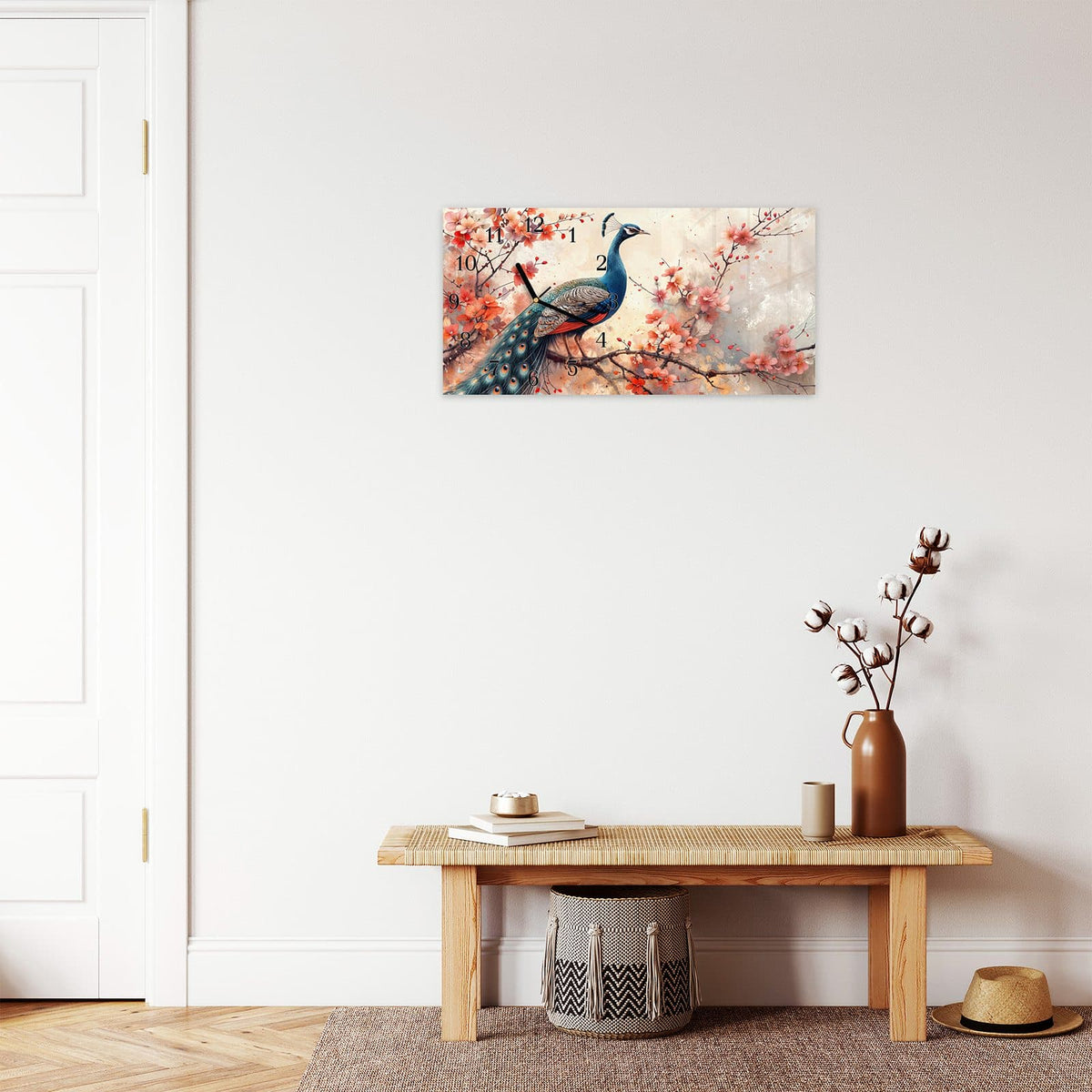 Moderne Wanduhr aus Glas mit Farbtiefe – Wanduhr Pfau und Blüten aus Glas – Querformat 60 × 30 cm