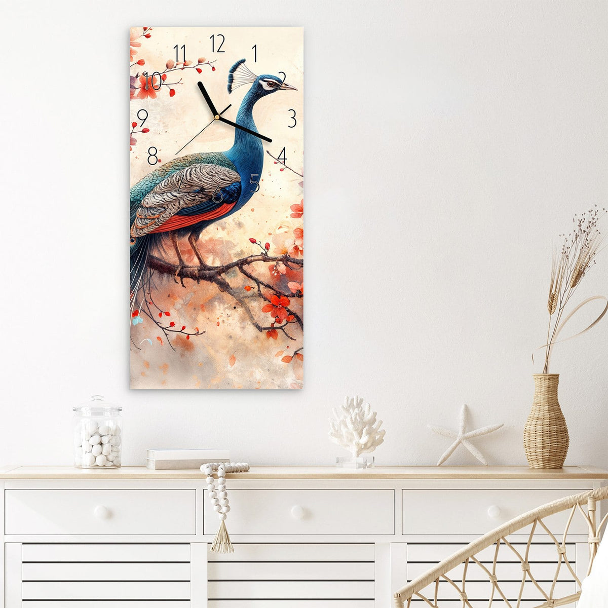 Wanduhr Pfau und Blüten aus Glas – Pfau auf blühendem Kirschast