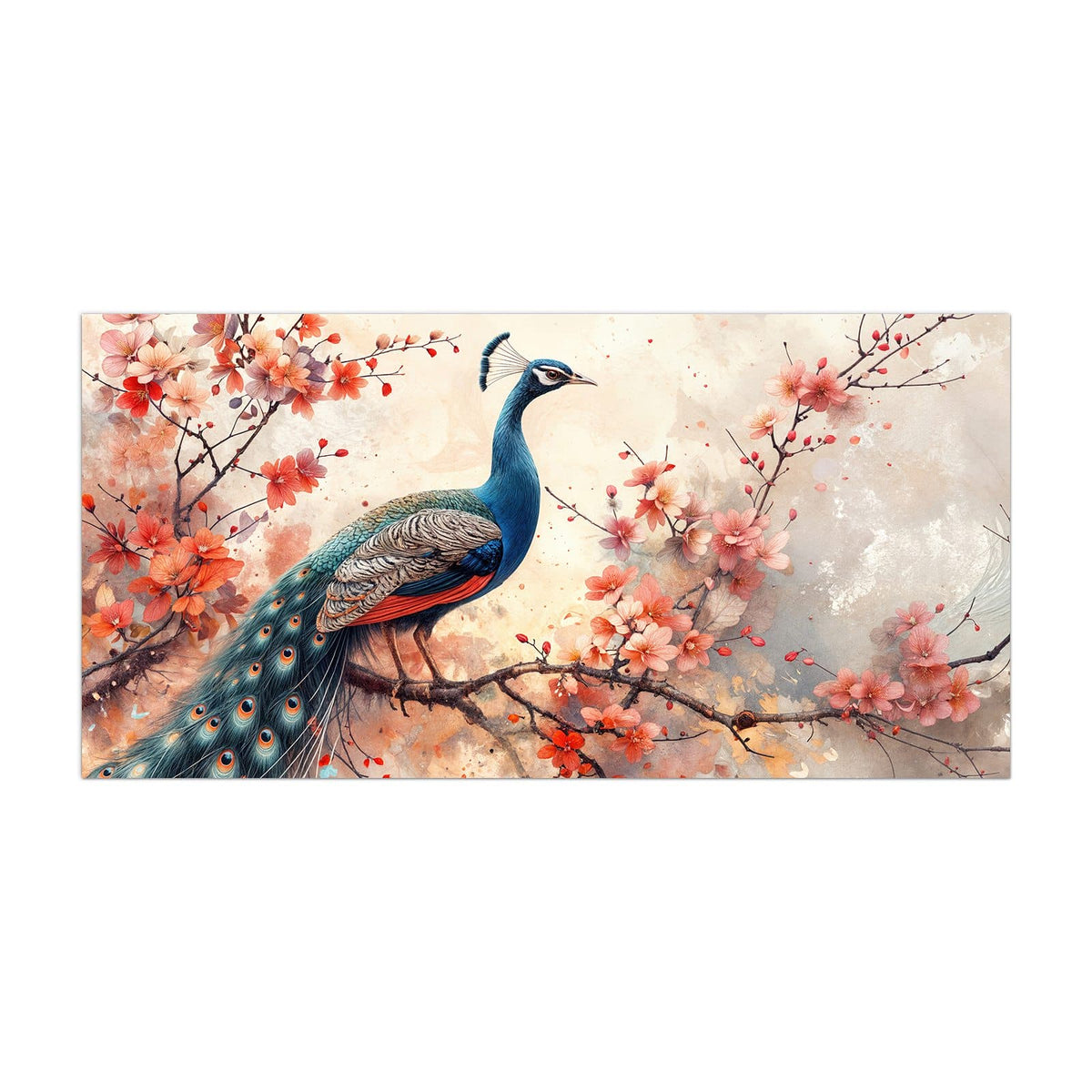 Küchenrückwand aus Glas Pfau auf Kirschzweig im Hochformat, Motiv bildfüllend von vorn