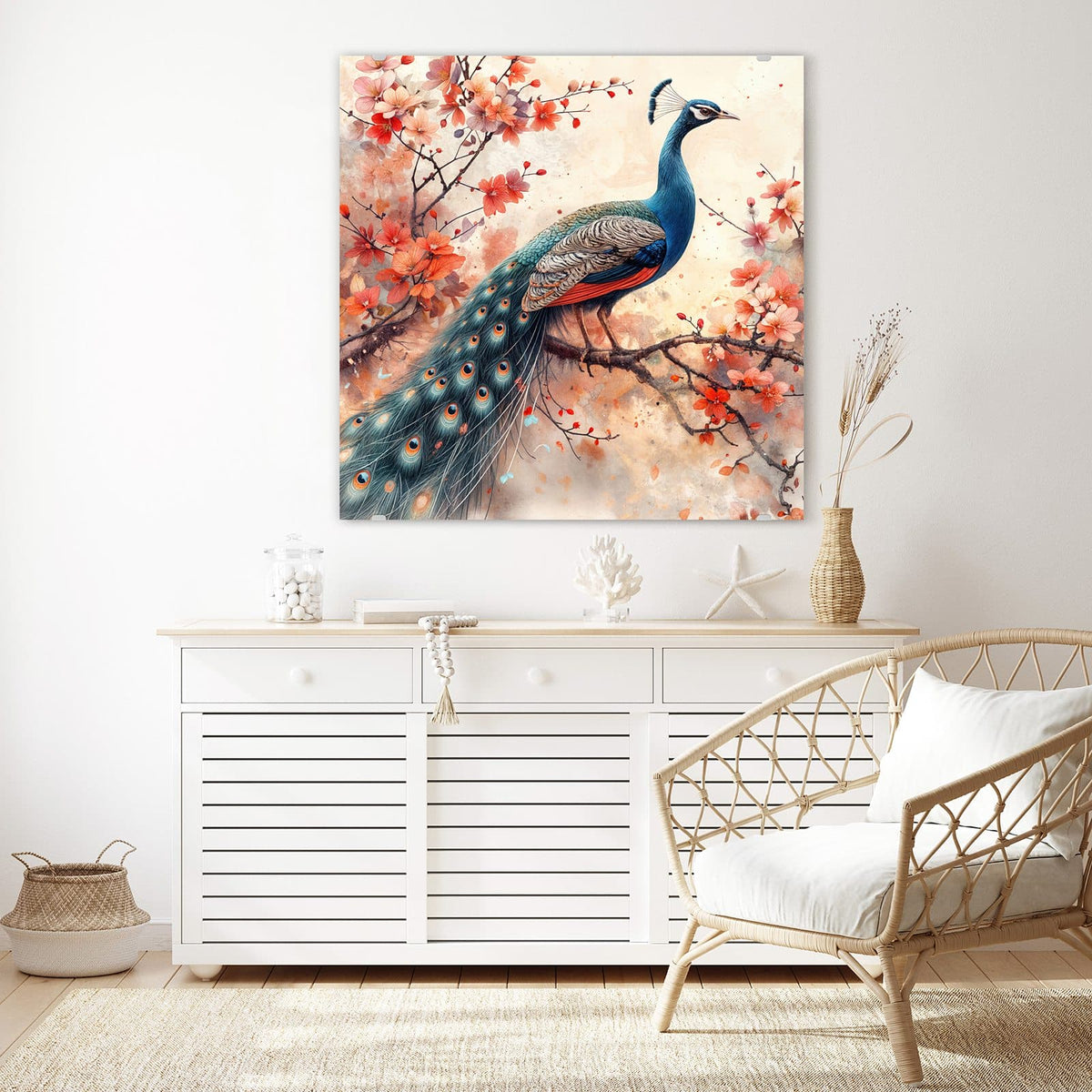 Glasbild Pfau auf Kirschzweig an der Wand – Aquarellierter Pfau mit langer Schleppe auf einem Ast mit korallenroten Blüten.