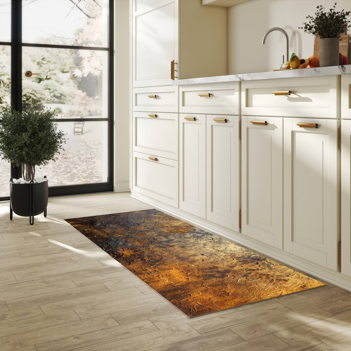 Hygienischer Bodenläufer Teppich mit Motiv Golden Texture in heller Küche
