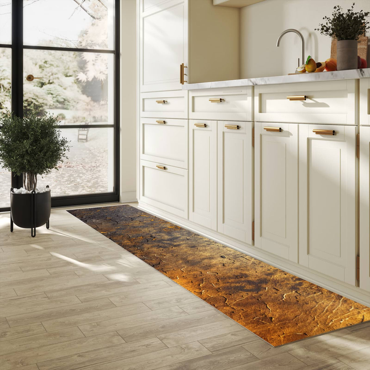 Pflegeleichter rutschfester Küchenteppich mit Motiv Golden Texture in heller Küche