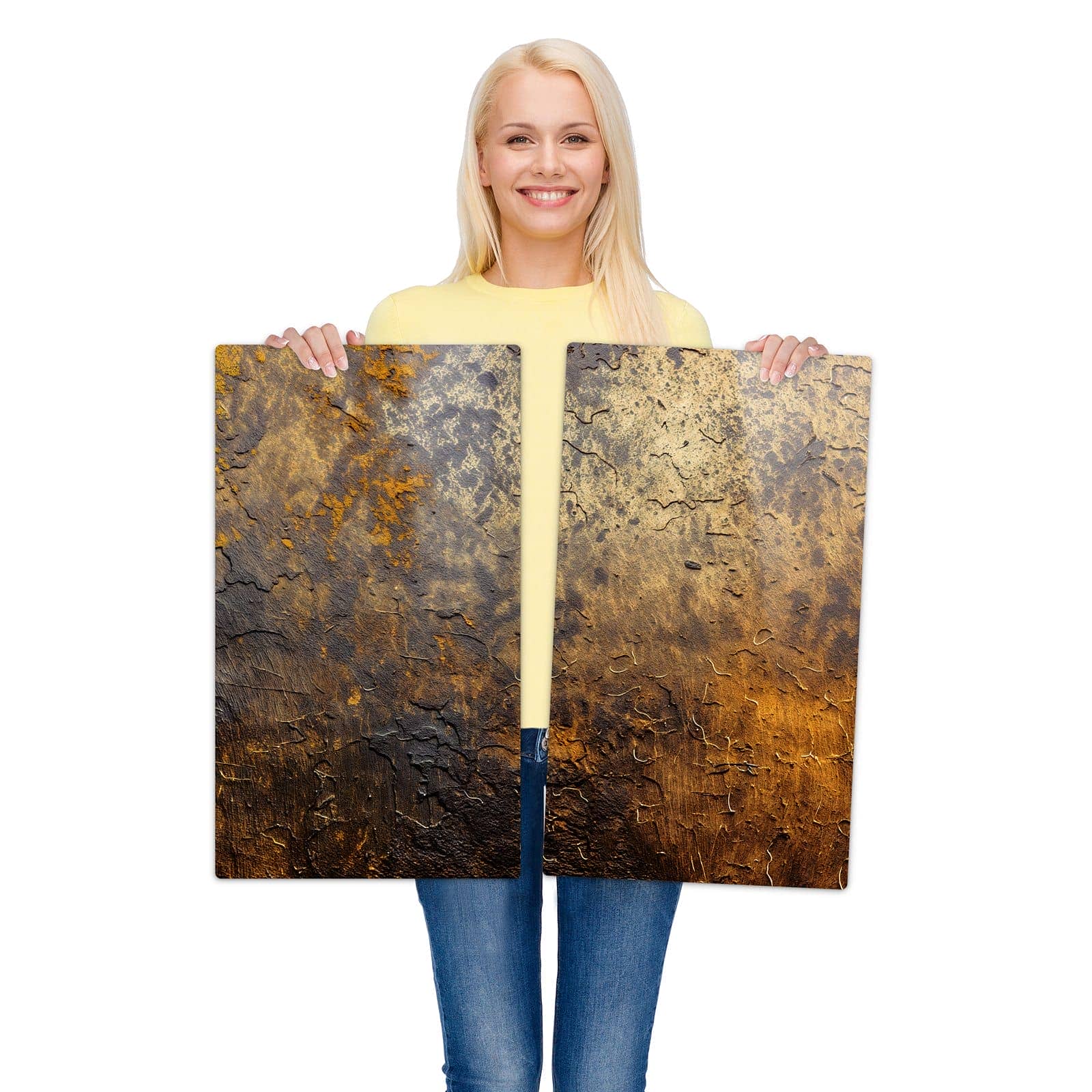 2-teilige Ceranfeldabdeckungen mit Golden Texture-Motiv werden zur Größendarstellung gehalten