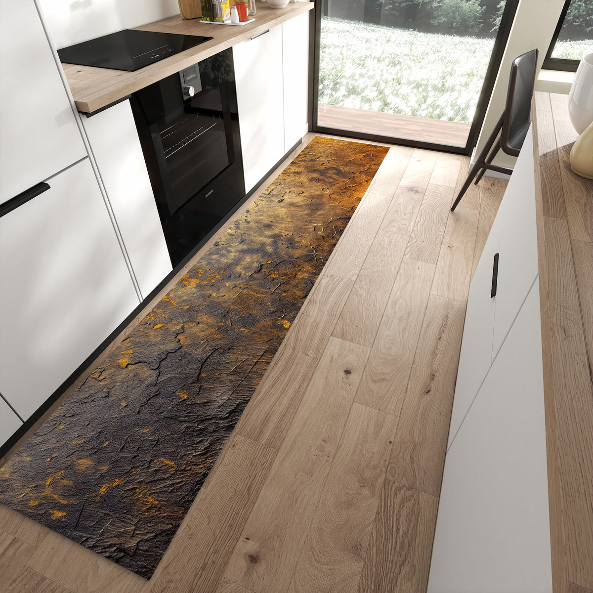 Flacher Küchenteppich mit Motiv Golden Texture in moderner Küche
