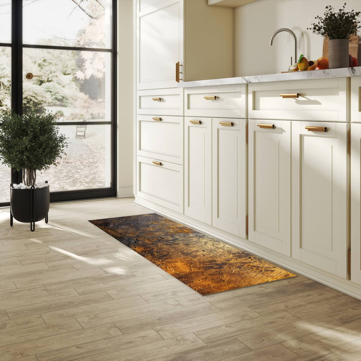 Pflegeleichter dünner Küchenteppich mit Motiv Golden Texture in heller Küche